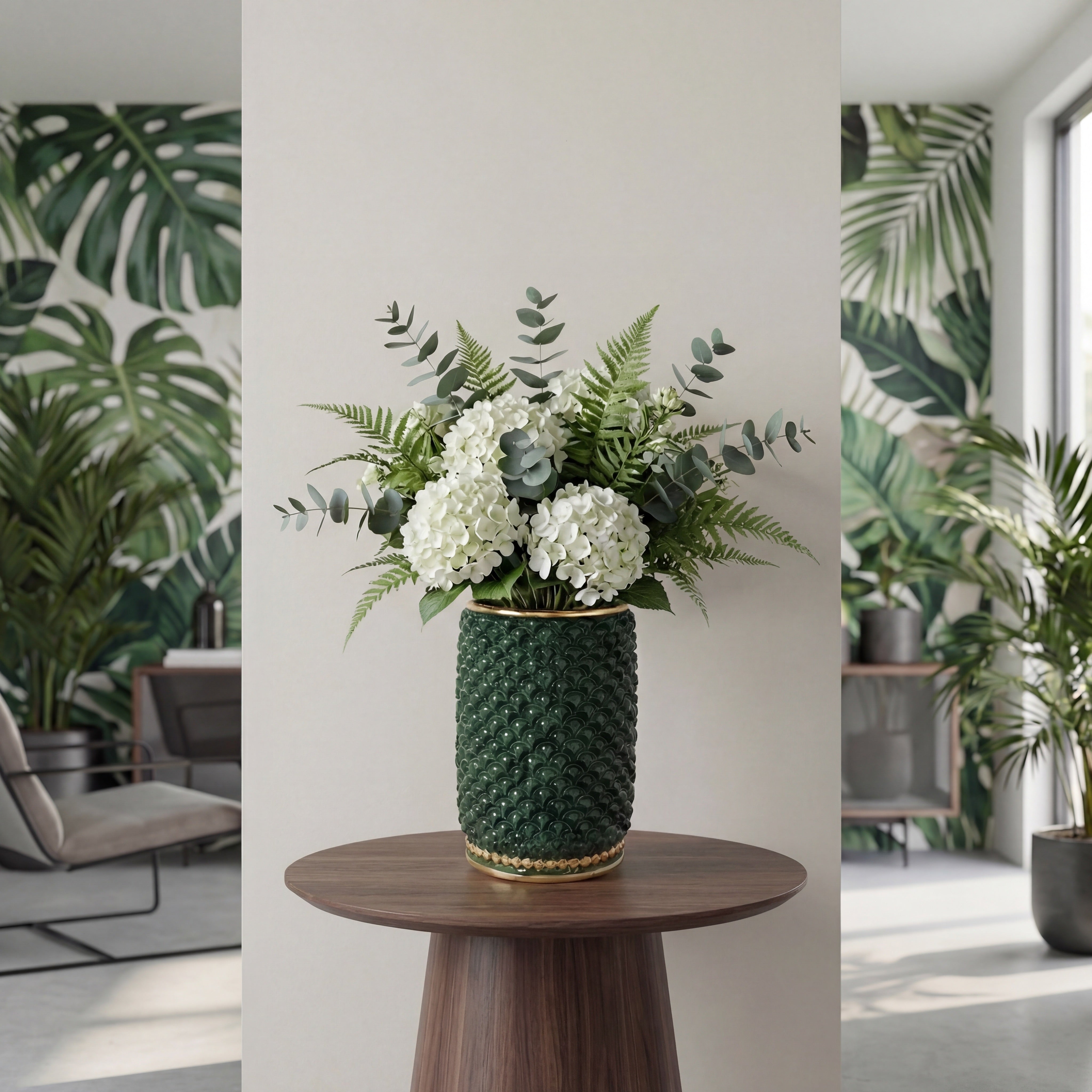 Hand-modeled pine cone cylinder vase in green and gold