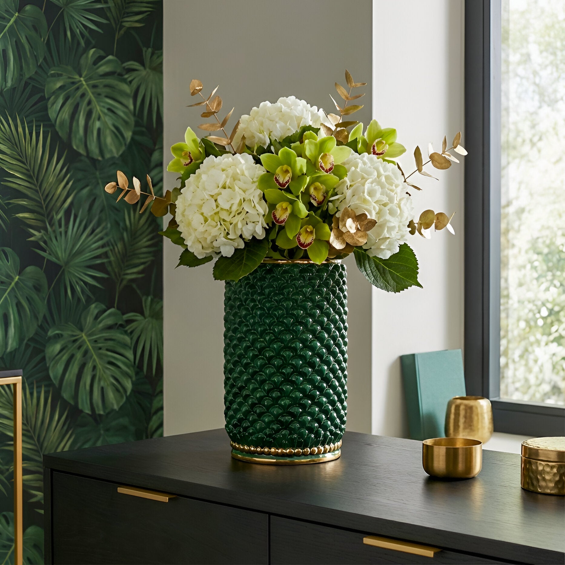 Hand-modeled pine cone cylinder vase in green and gold
