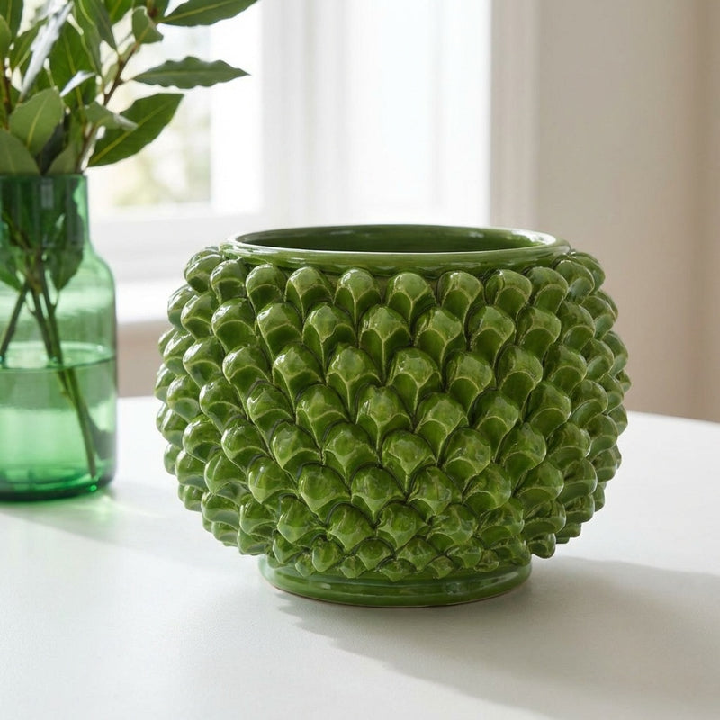 Caltagirone ceramic half pine cone vase without foot and green leaf
