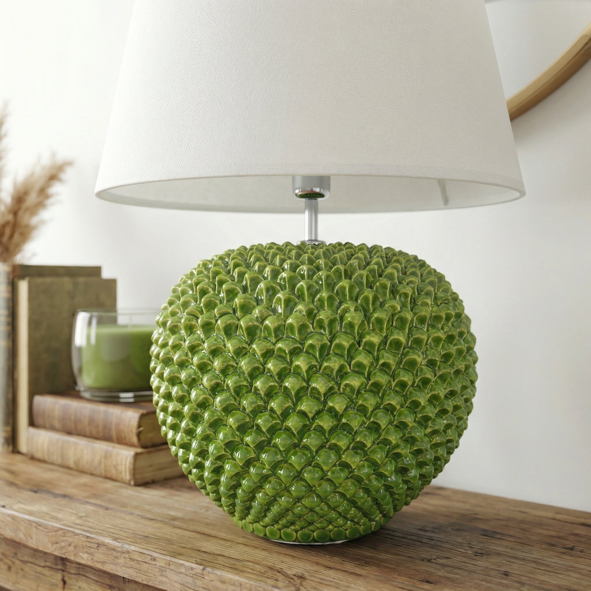 Pine cone ball lamp in various sizes, decorated in green leaf in Caltagirone ceramic.