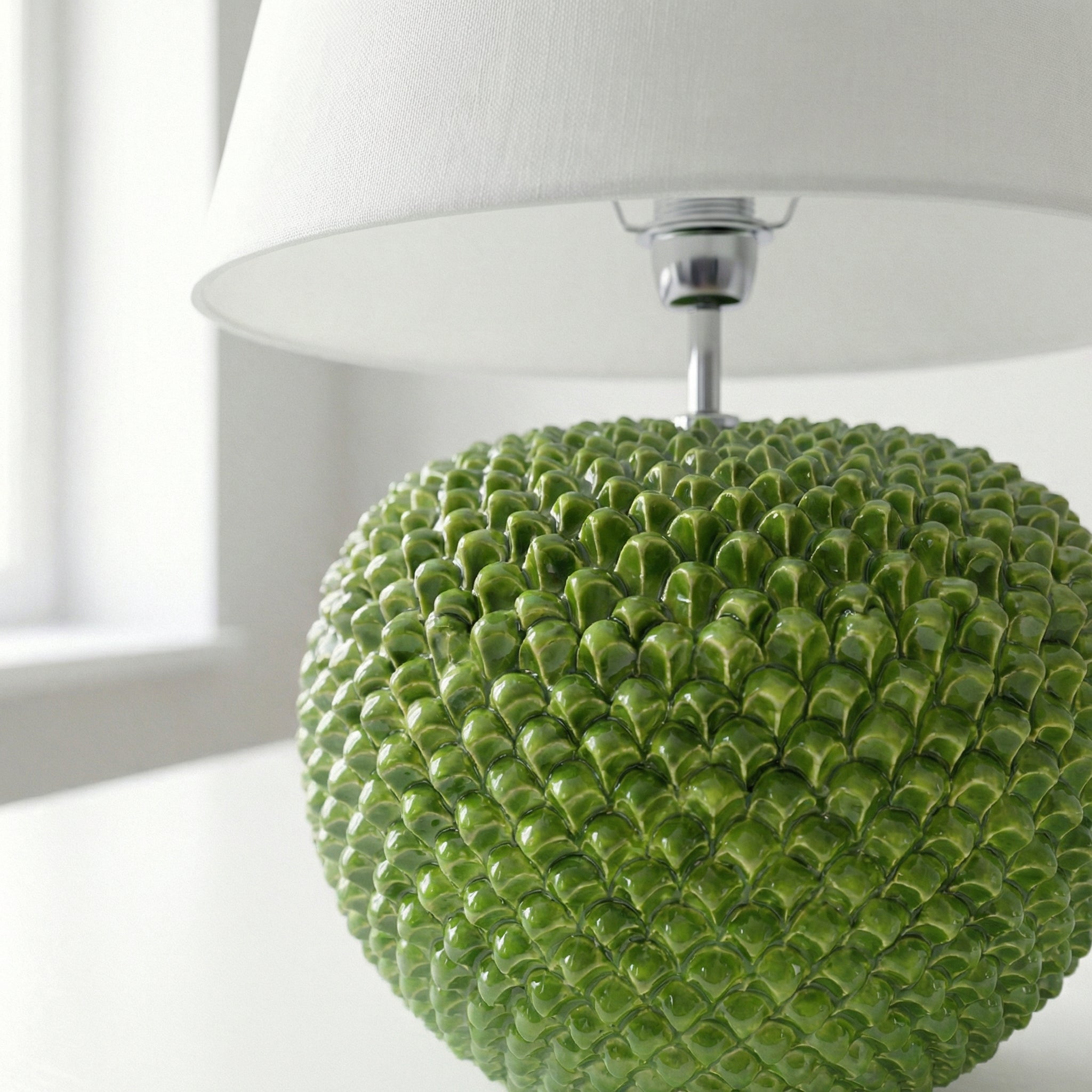 Pine cone ball lamp in various sizes, decorated in green leaf in Caltagirone ceramic.