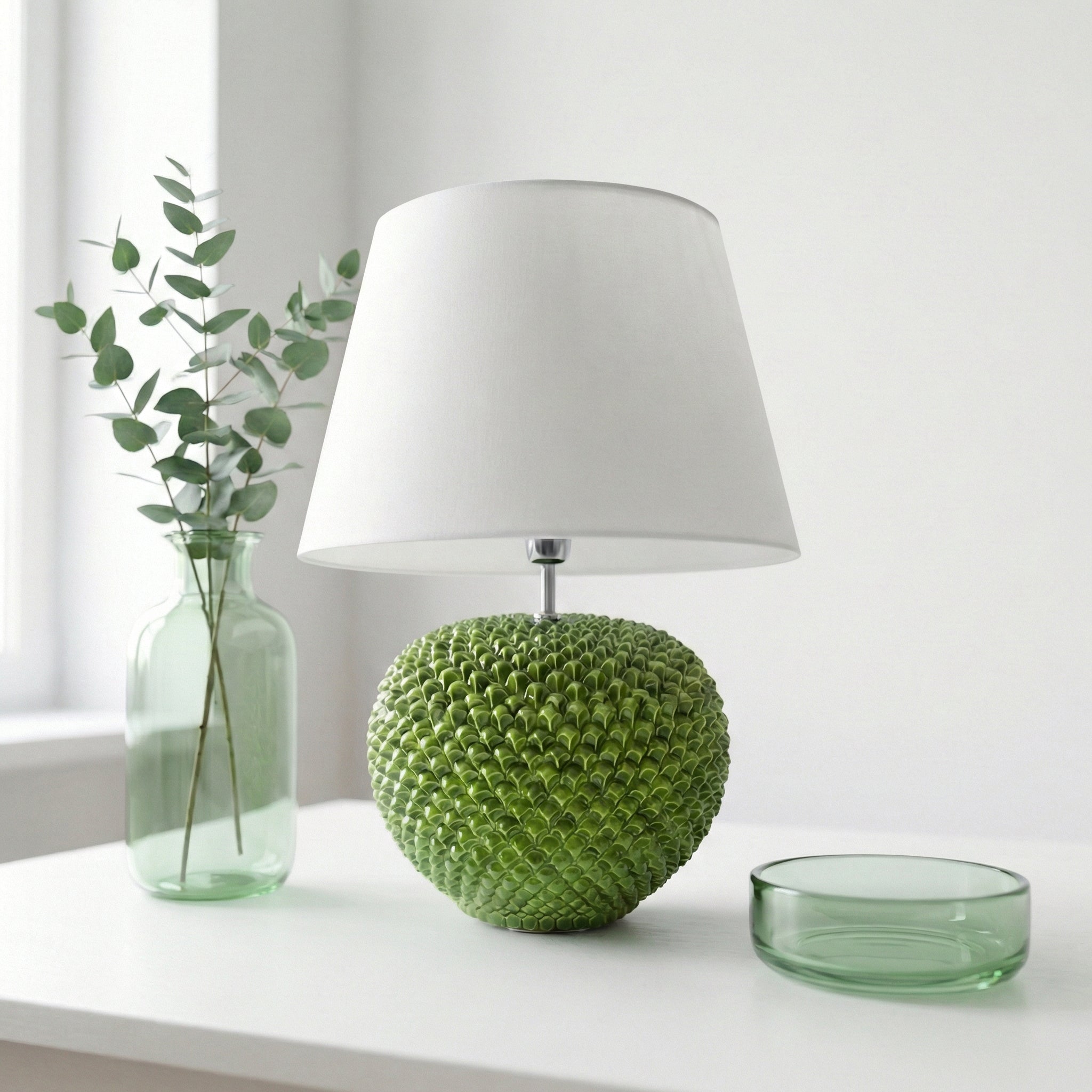 Pine cone ball lamp in various sizes, decorated in green leaf in Caltagirone ceramic.