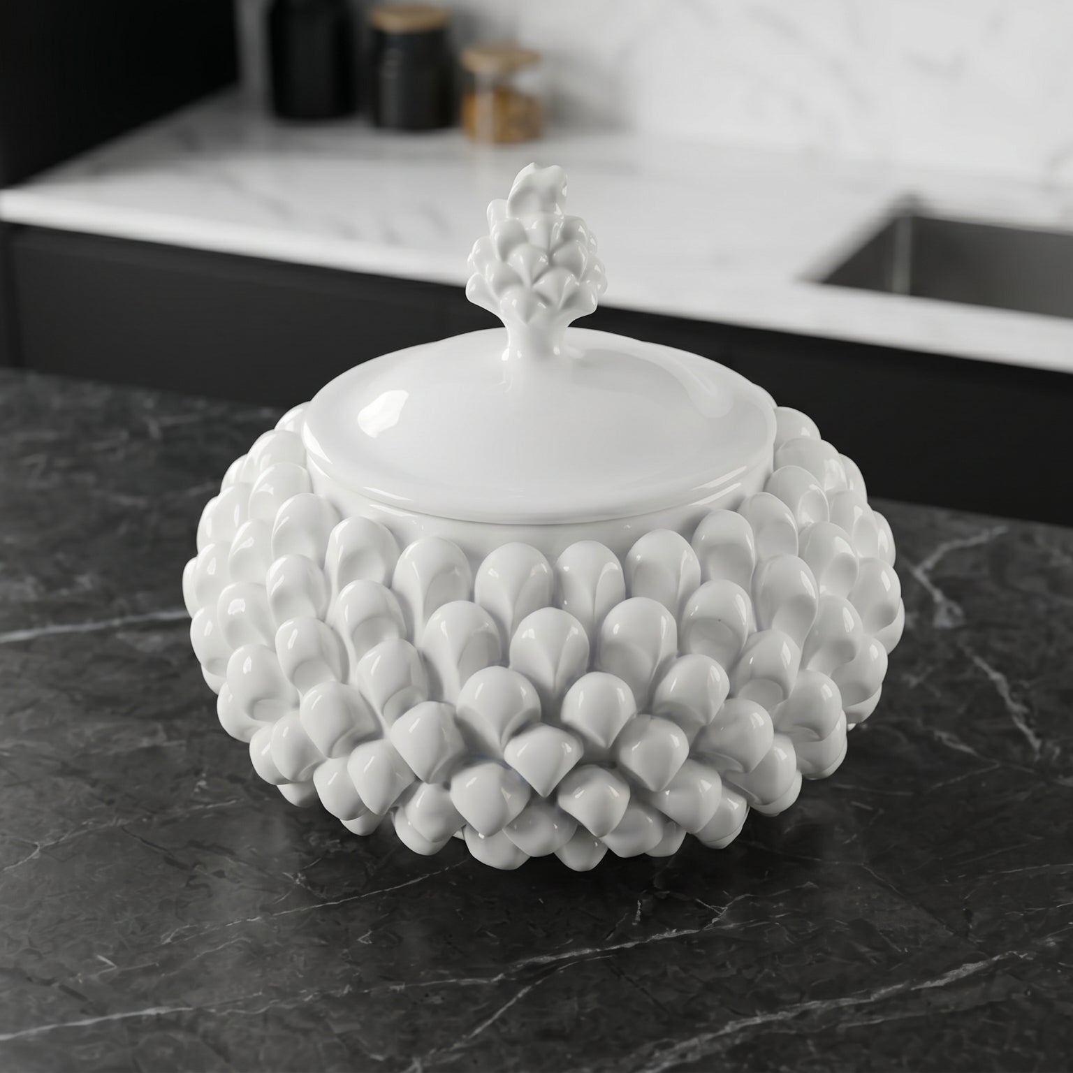 White line pine cone biscuit jar, Ø 20 cm, in Caltagirone ceramic.