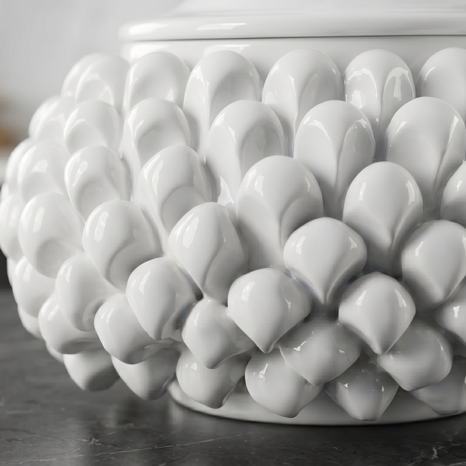 White line pine cone biscuit jar, Ø 20 cm, in Caltagirone ceramic.
