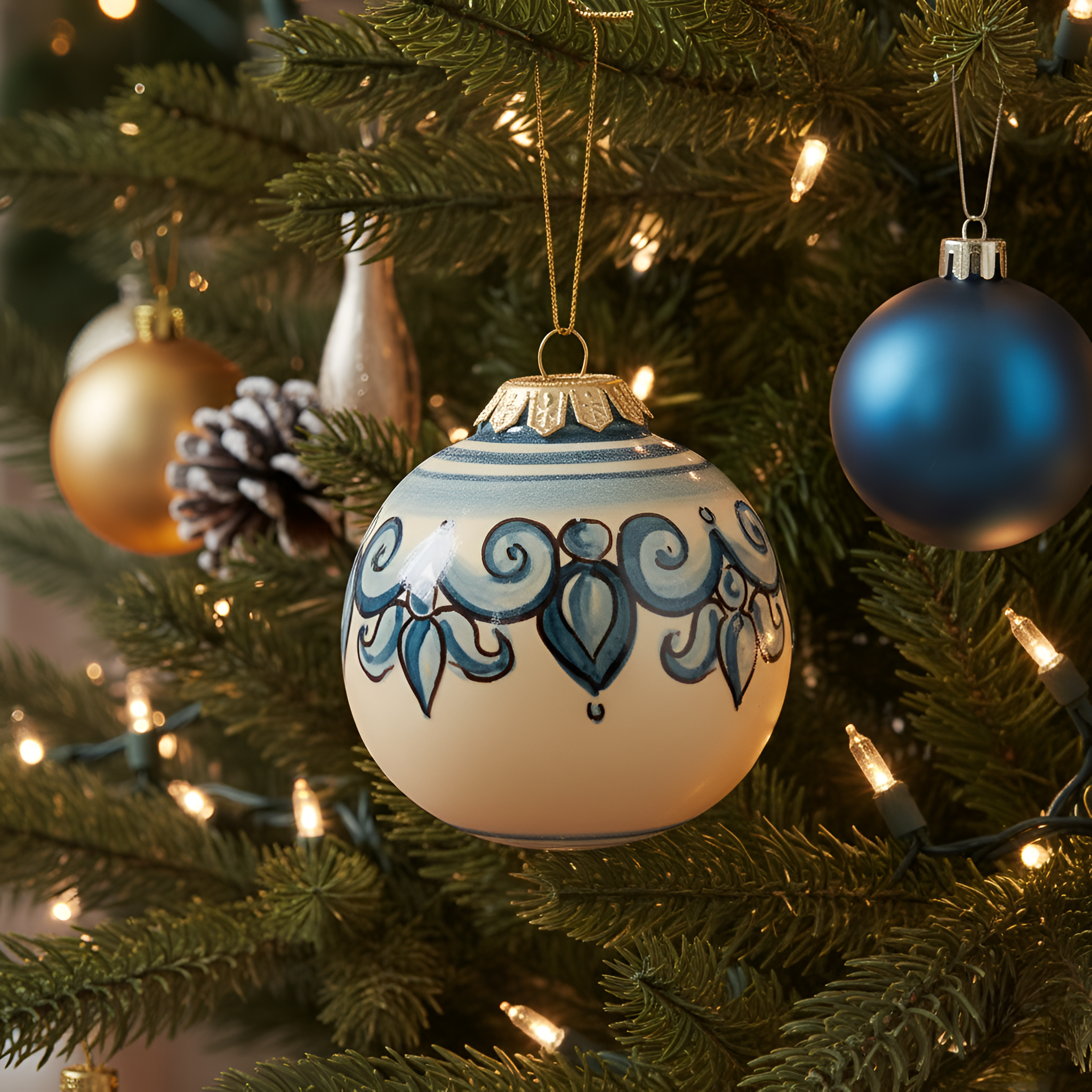 Sicilian-themed Christmas bauble in mono-blue - Ceramic Christmas baubles