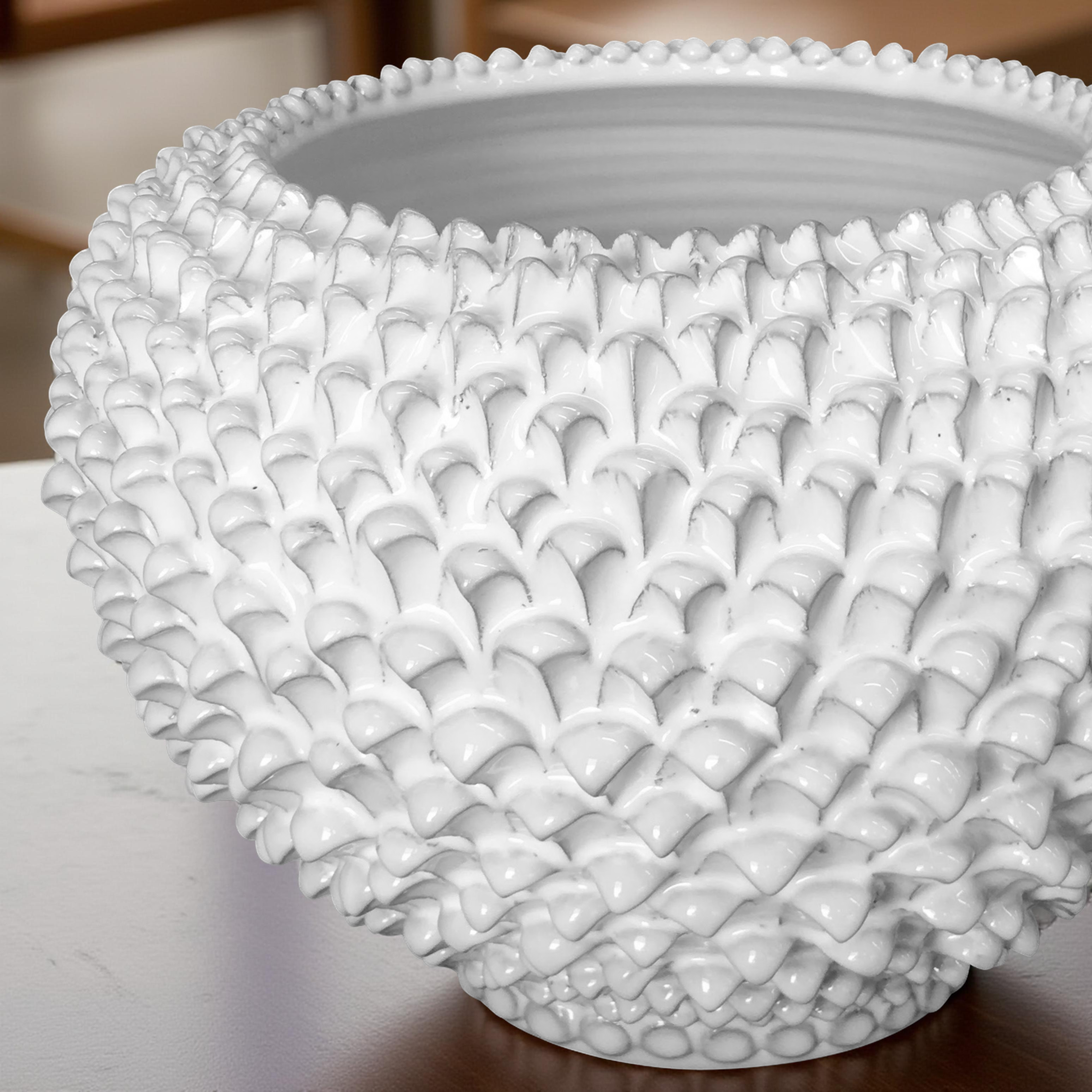 Cachepot a pigna white line in ceramica artigianale di Caltagirone