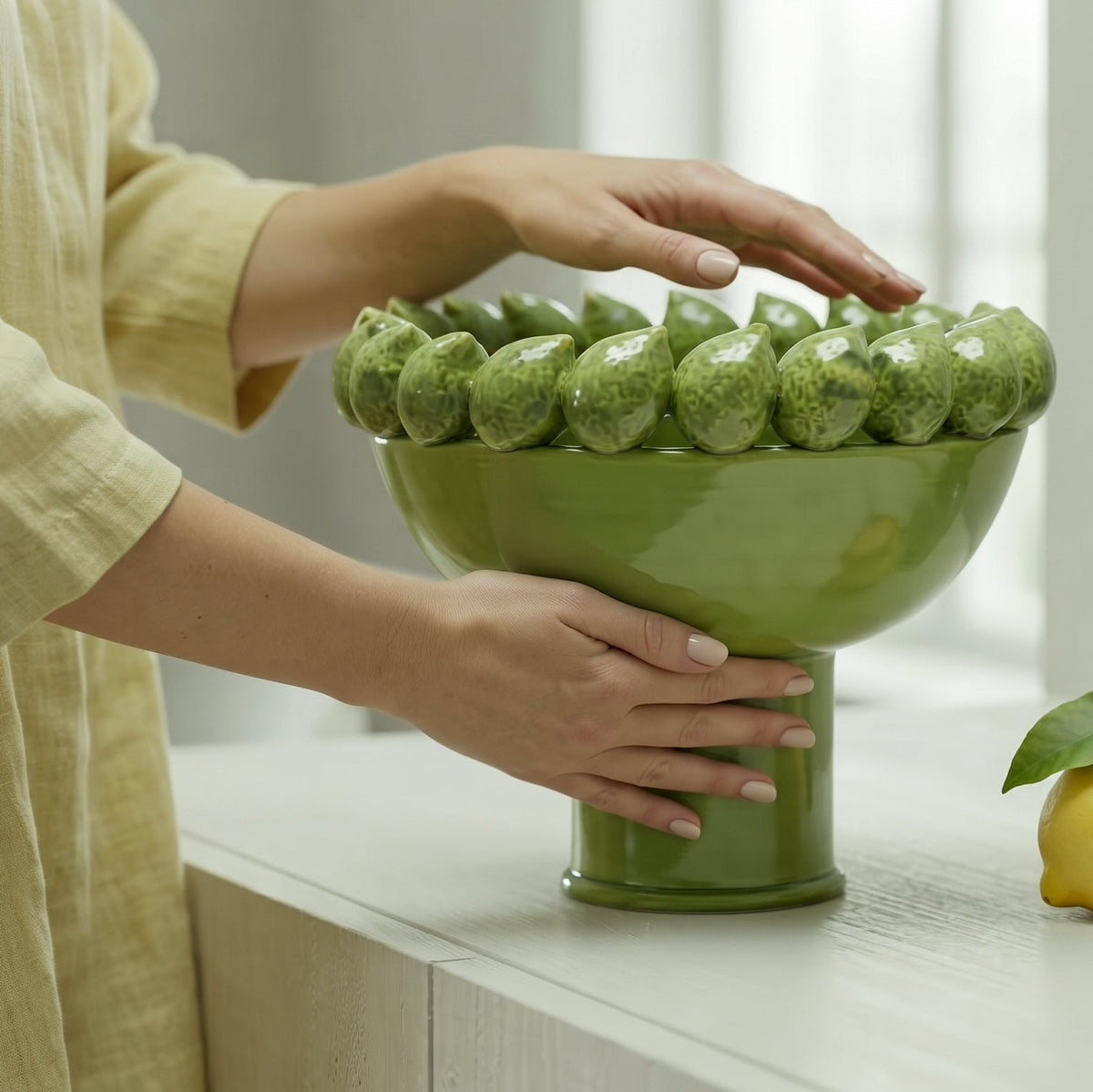 Alzata con Limoni Siciliani - Verde foglia, Stile Moderno | Ceramica Caltagirone