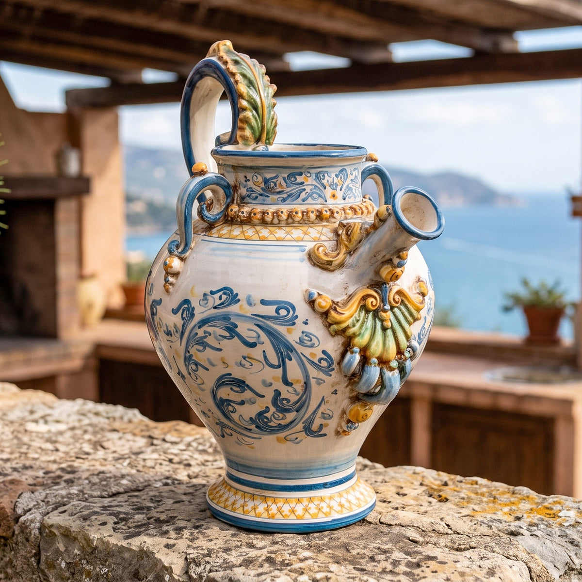 Pichet Boule H 32 cm, Bleu et Orange, Série d'Art – Céramique Caltagirone – artisanat sicilien