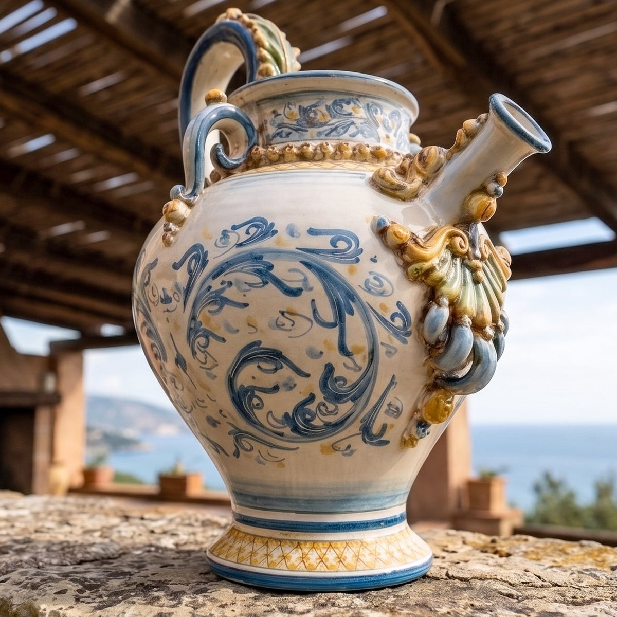 Kugelkrug Keramik H 32 cm, Blau und Orange, Kunstserie – Caltagirone Keramik – sizilianisches Kunsthandwerk