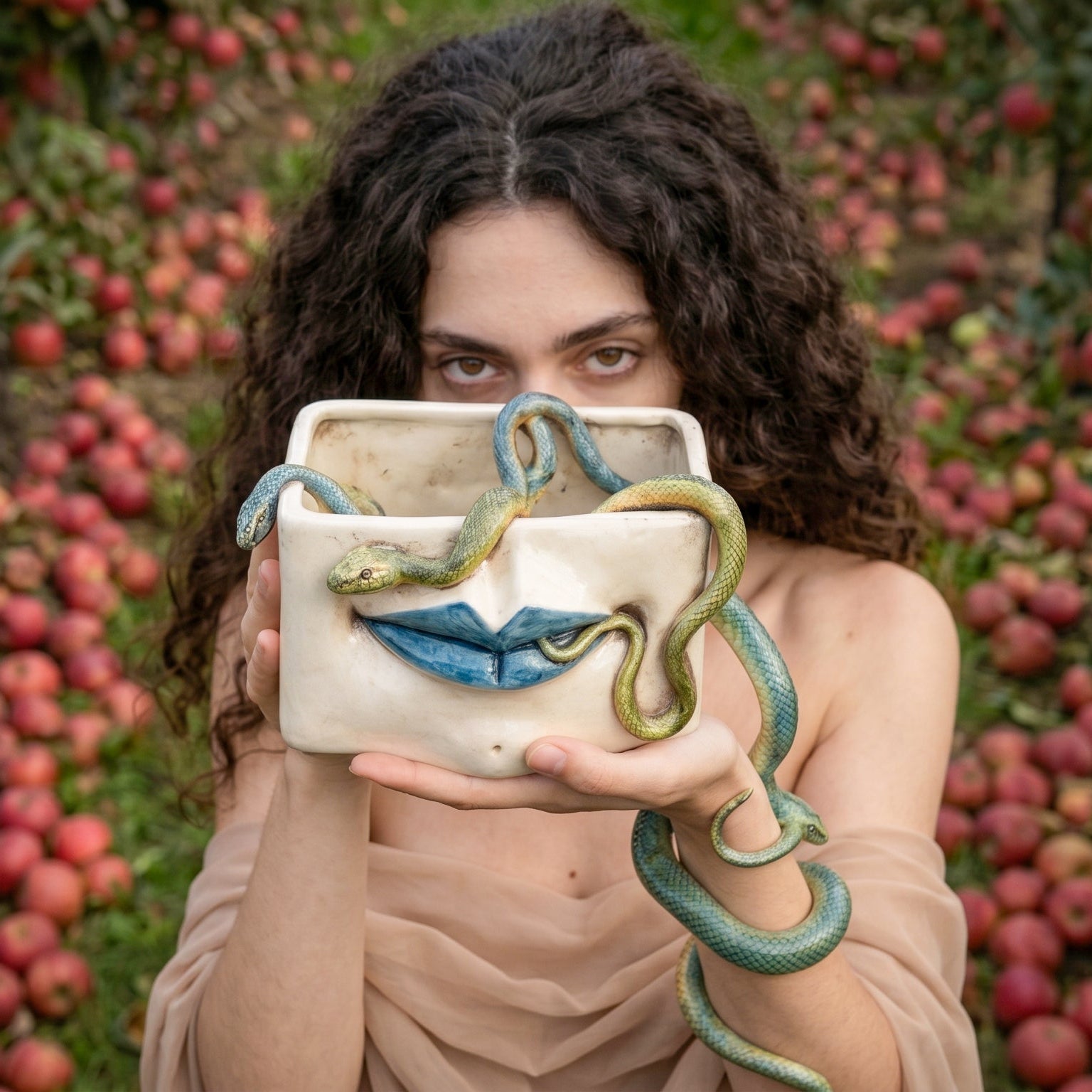 Caltagirone-Keramik Medusa-Dose — Blaue Lippen und Aufgesetzte Schlangen, Antikes Perlmutt