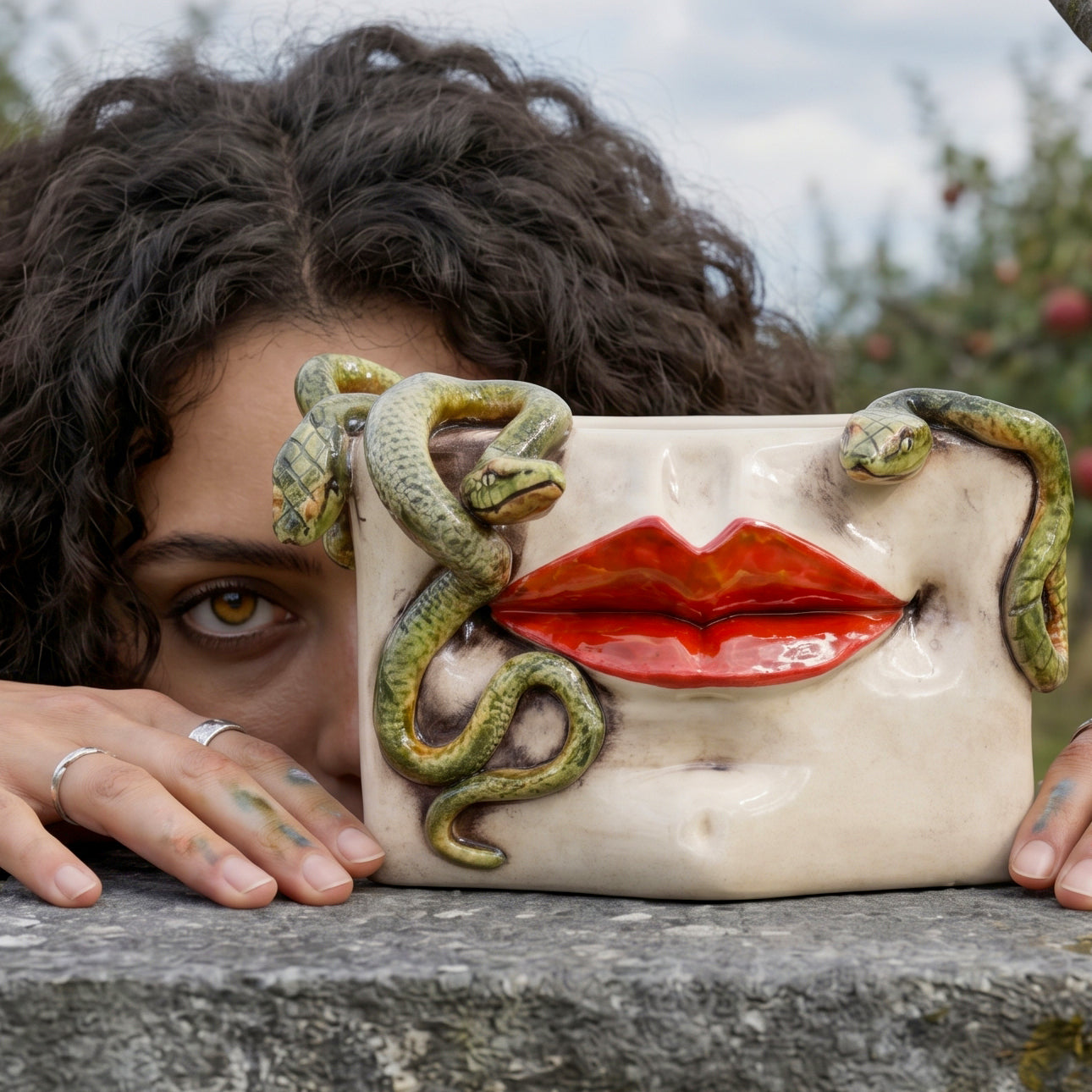 Caltagirone-Keramik Medusa-Dose — Gold- und Lüster-Lippen, Aufgesetzte Schlangen, Antikes Perlmutt
