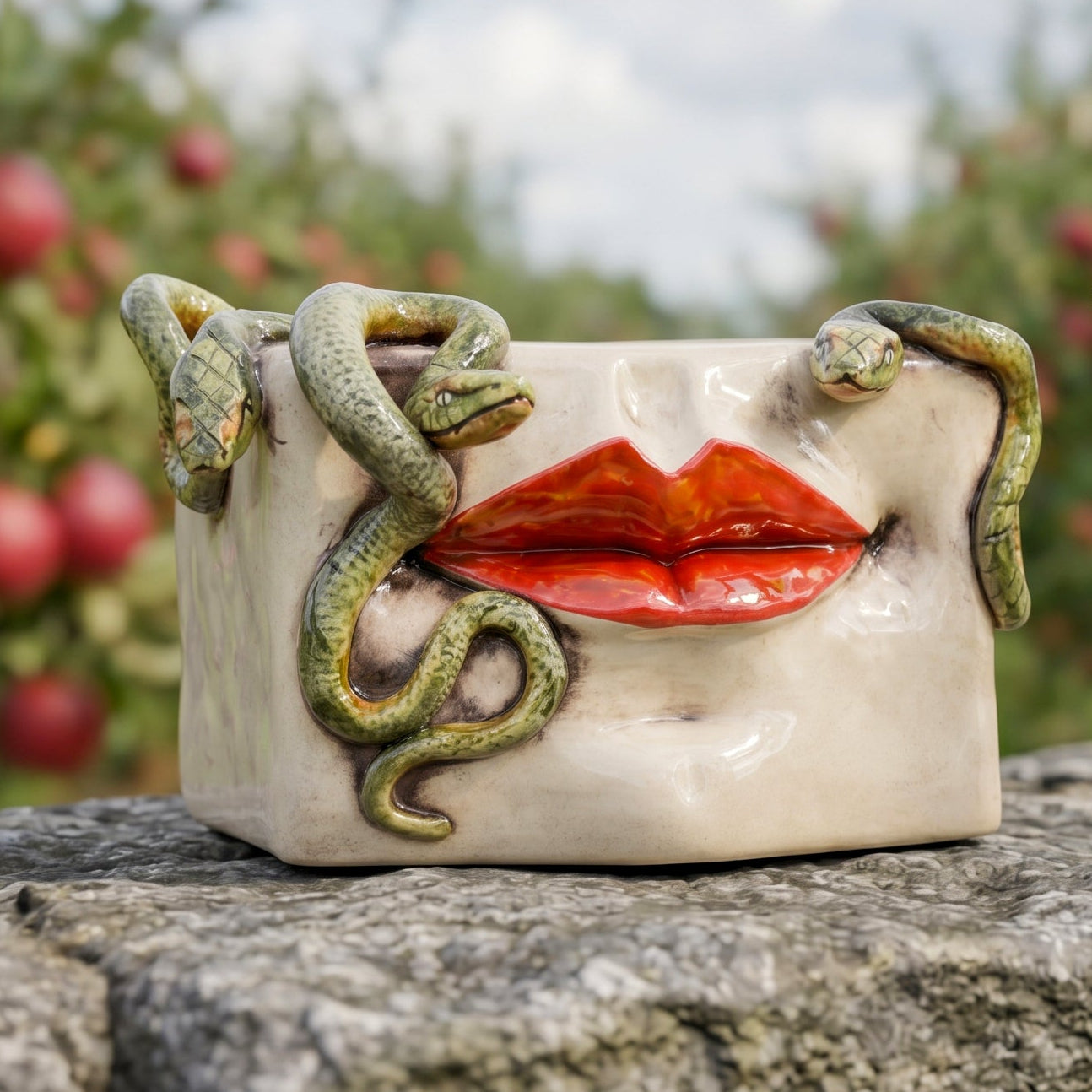 Caltagirone-Keramik Medusa-Dose — Gold- und Lüster-Lippen, Aufgesetzte Schlangen, Antikes Perlmutt