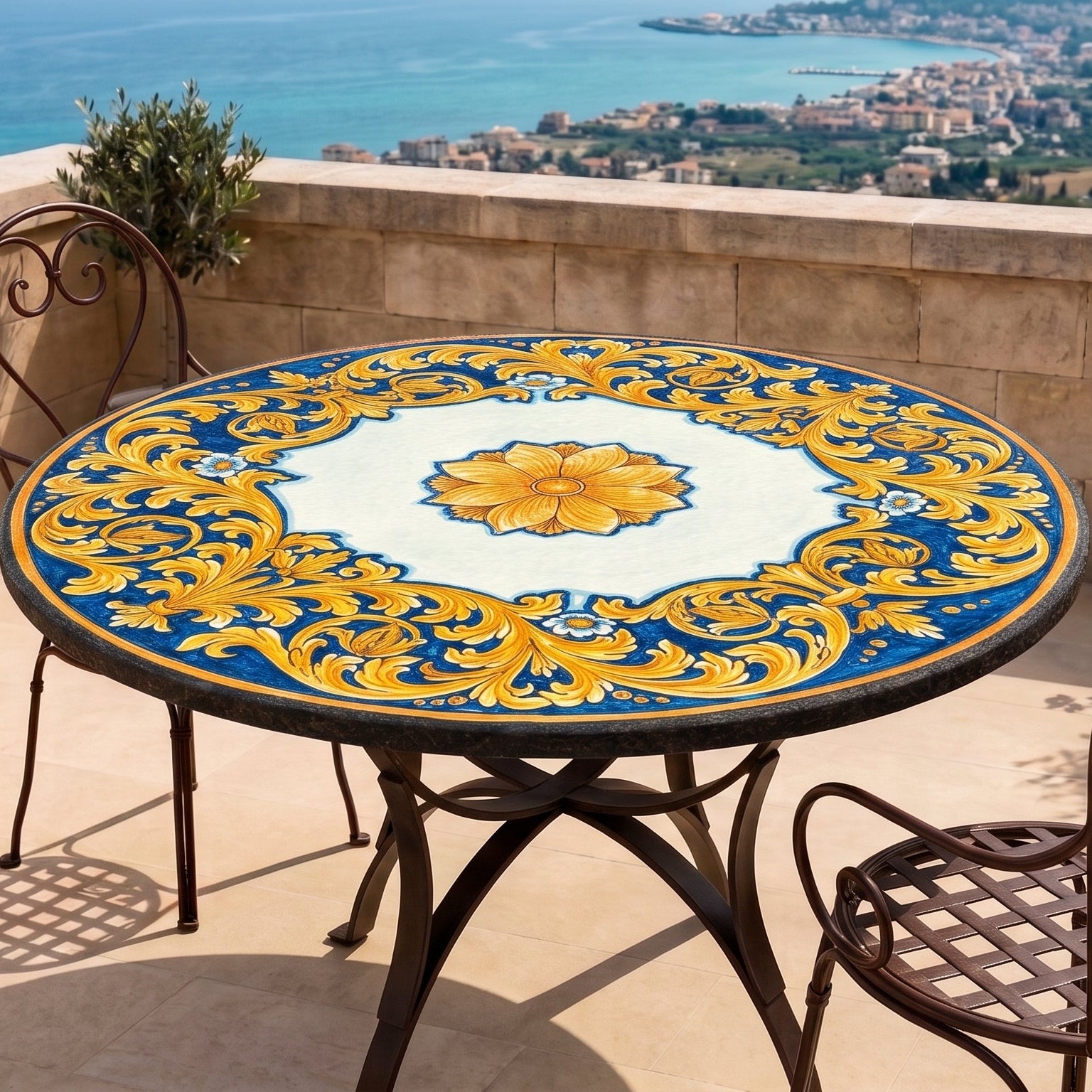 Sicilian Lava Stone Table, Blue Background – Sicilian majolica handcrafted in Caltagirone