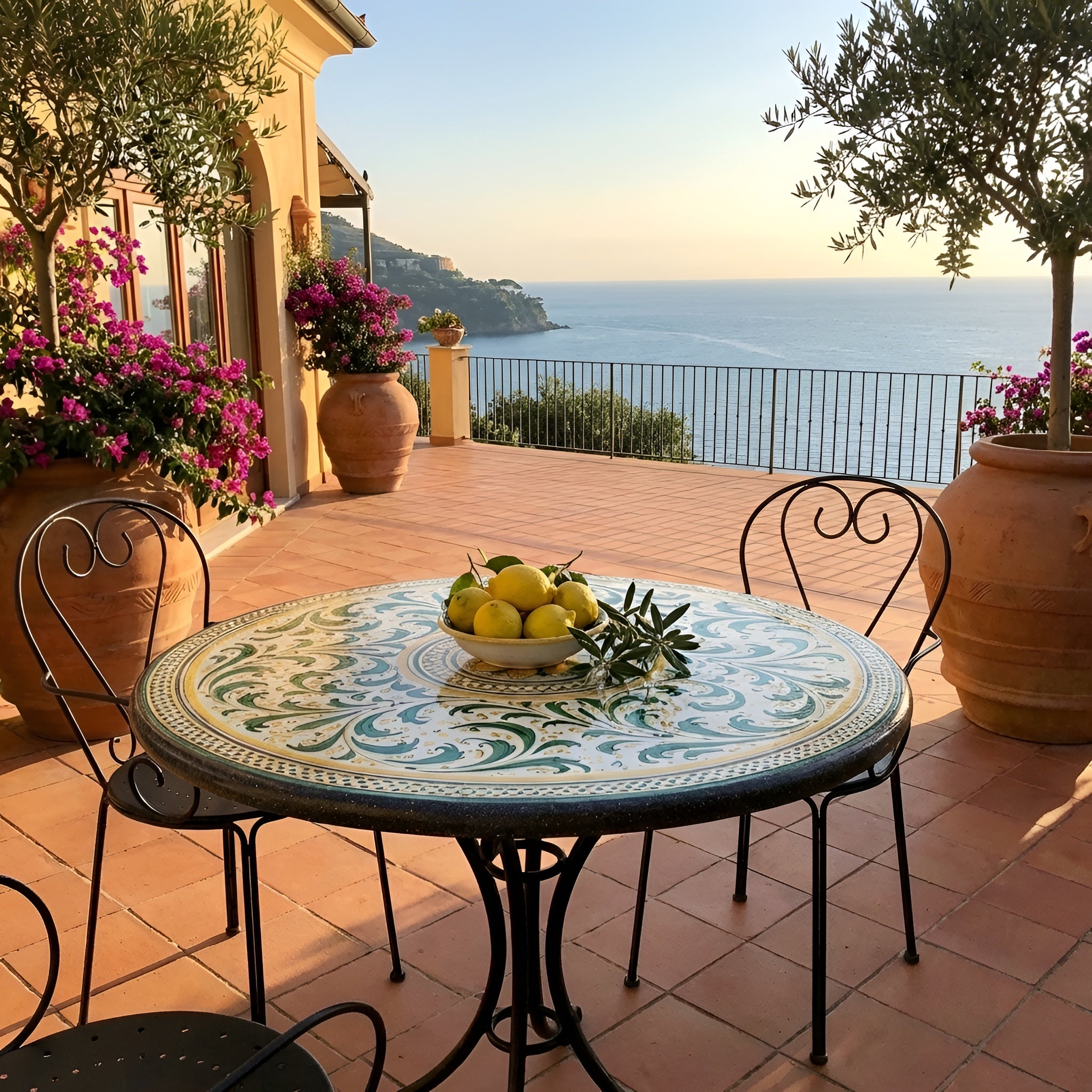 Lava stone table with green and orange decoration