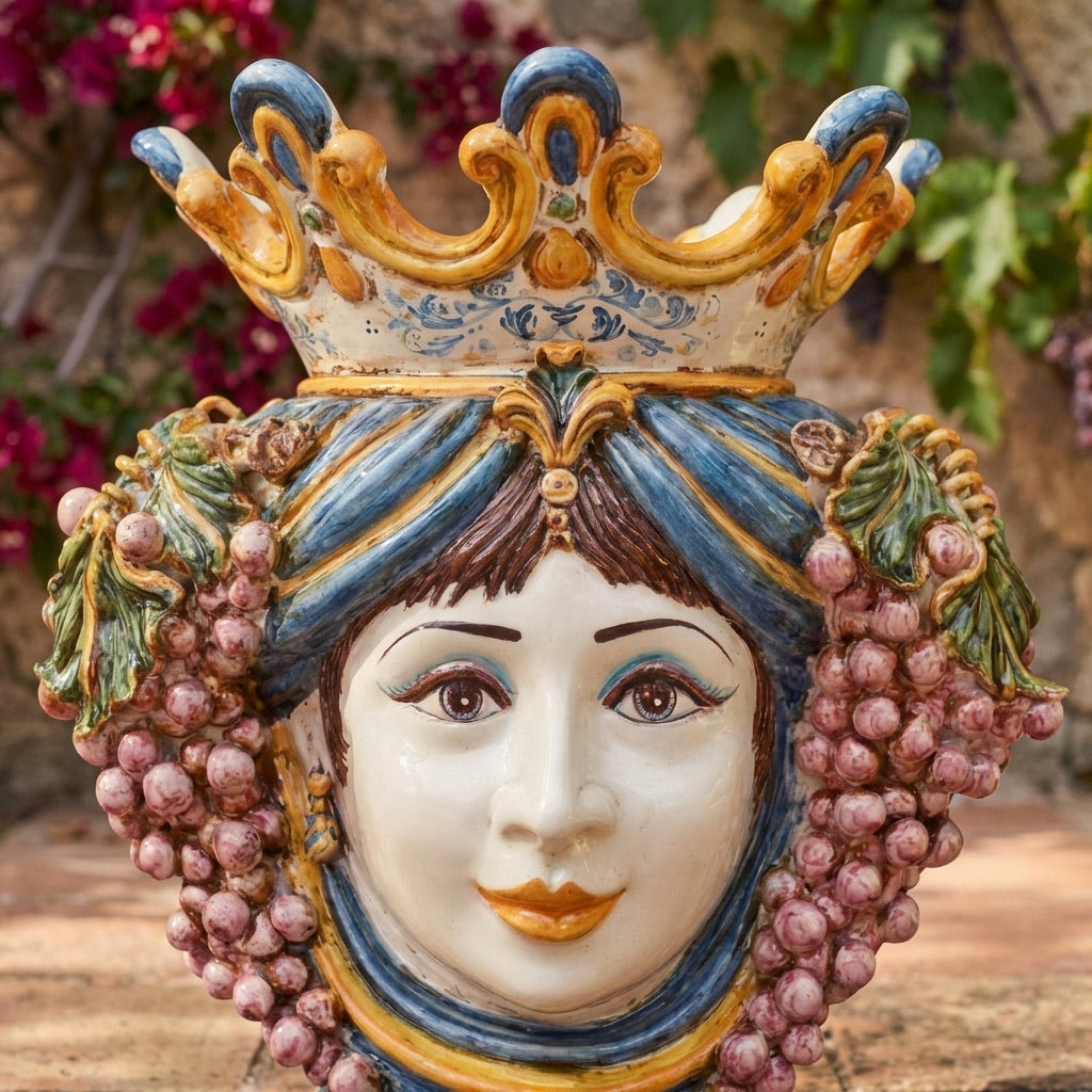Sicilian Moor's Head with Grapes H 40 cm / 15.7", Woman, Blue and Orange – Testa di Moro from Caltagirone, Sicily