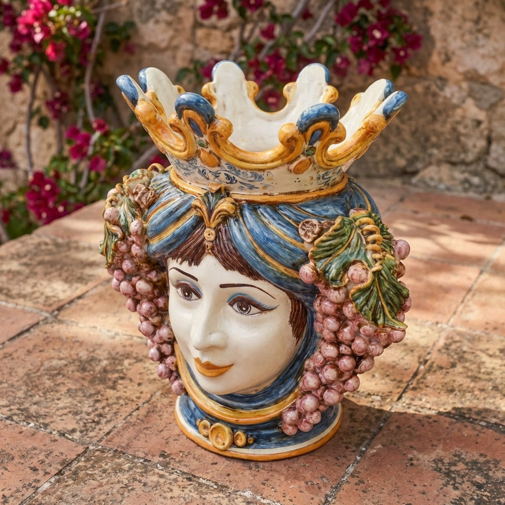 Ceramic Head with grapes h 40 blue/orange female