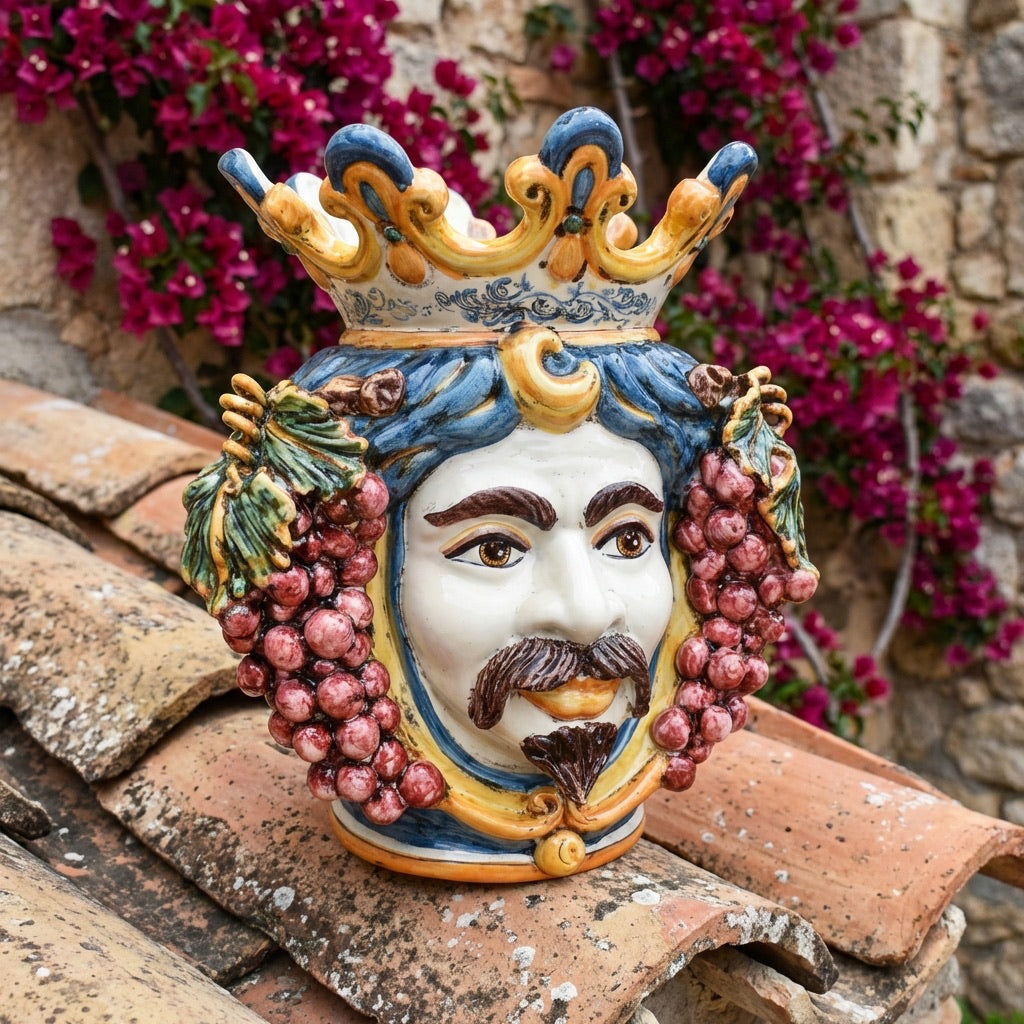 Ceramic Head with grapes h 40 blue/orange male