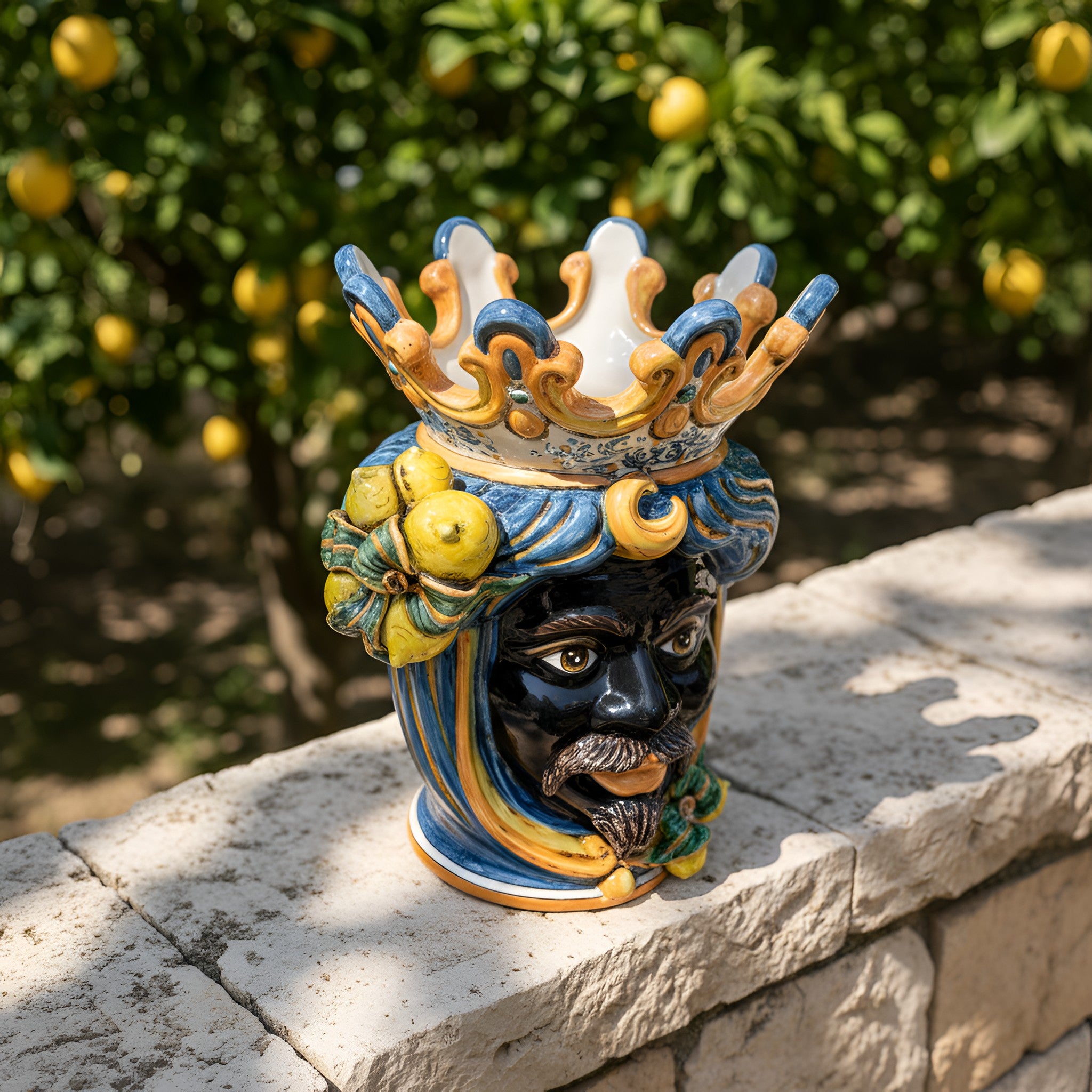 Sicilian Moor's Head with Lemons H 40 cm / 15.7", Moro Man, Blue and Orange – Testa di Moro from Caltagirone, Sicily