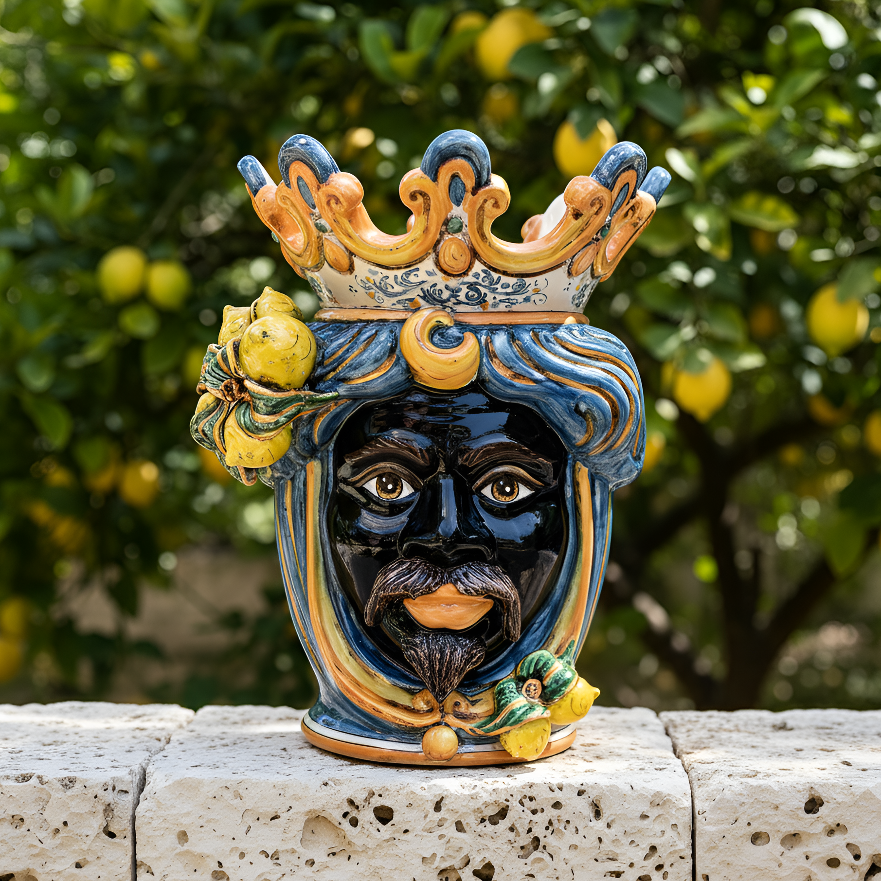 Sicilian Moor's Head with Lemons H 40 cm / 15.7", Moro Man, Blue and Orange – Testa di Moro from Caltagirone, Sicily