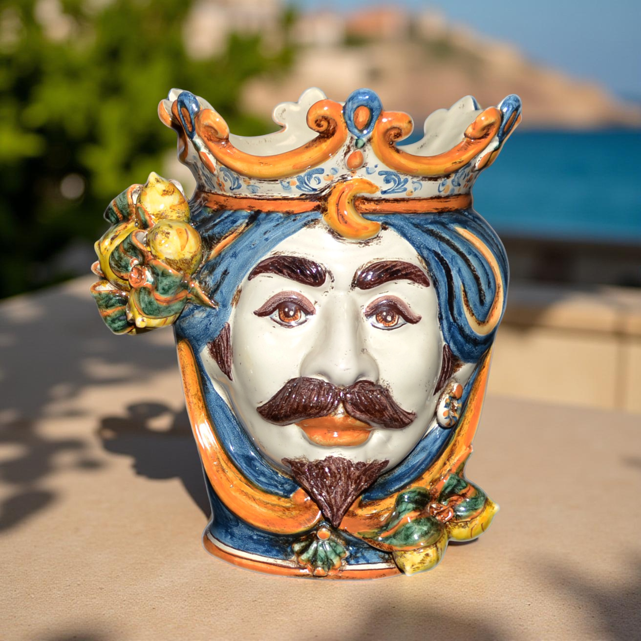 Ceramic Head with lemons h 25 blu/orange male