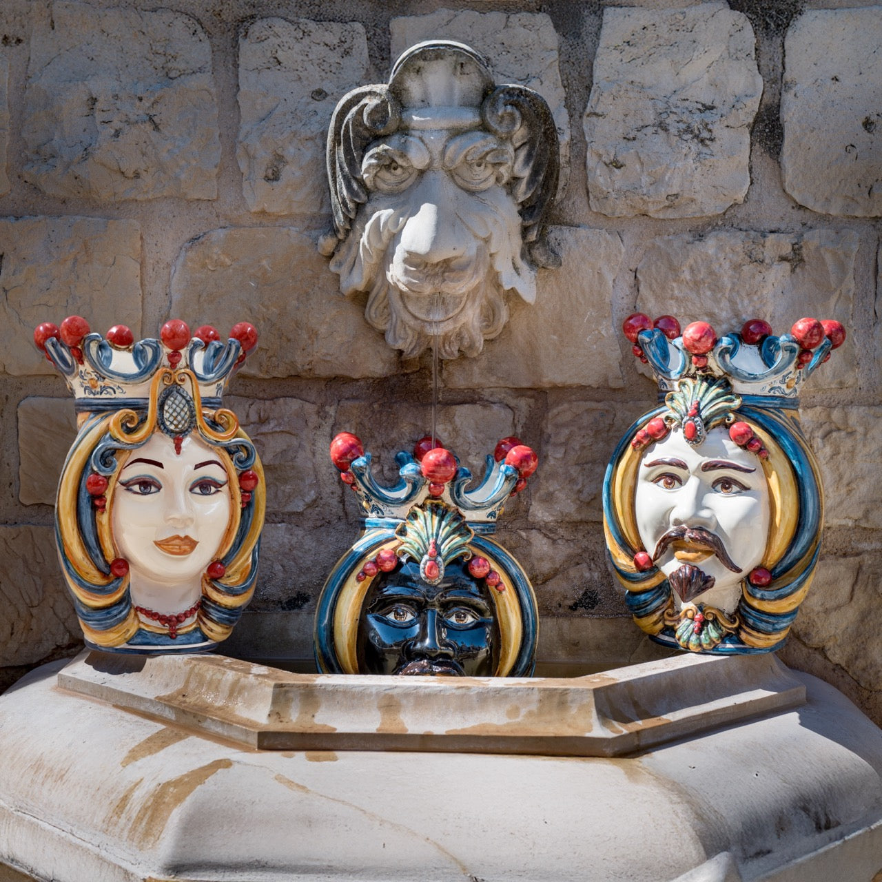 Ceramic Head of Sicily h 38 blu and orange female - Sofia Ceramiche artistic Ceramics
