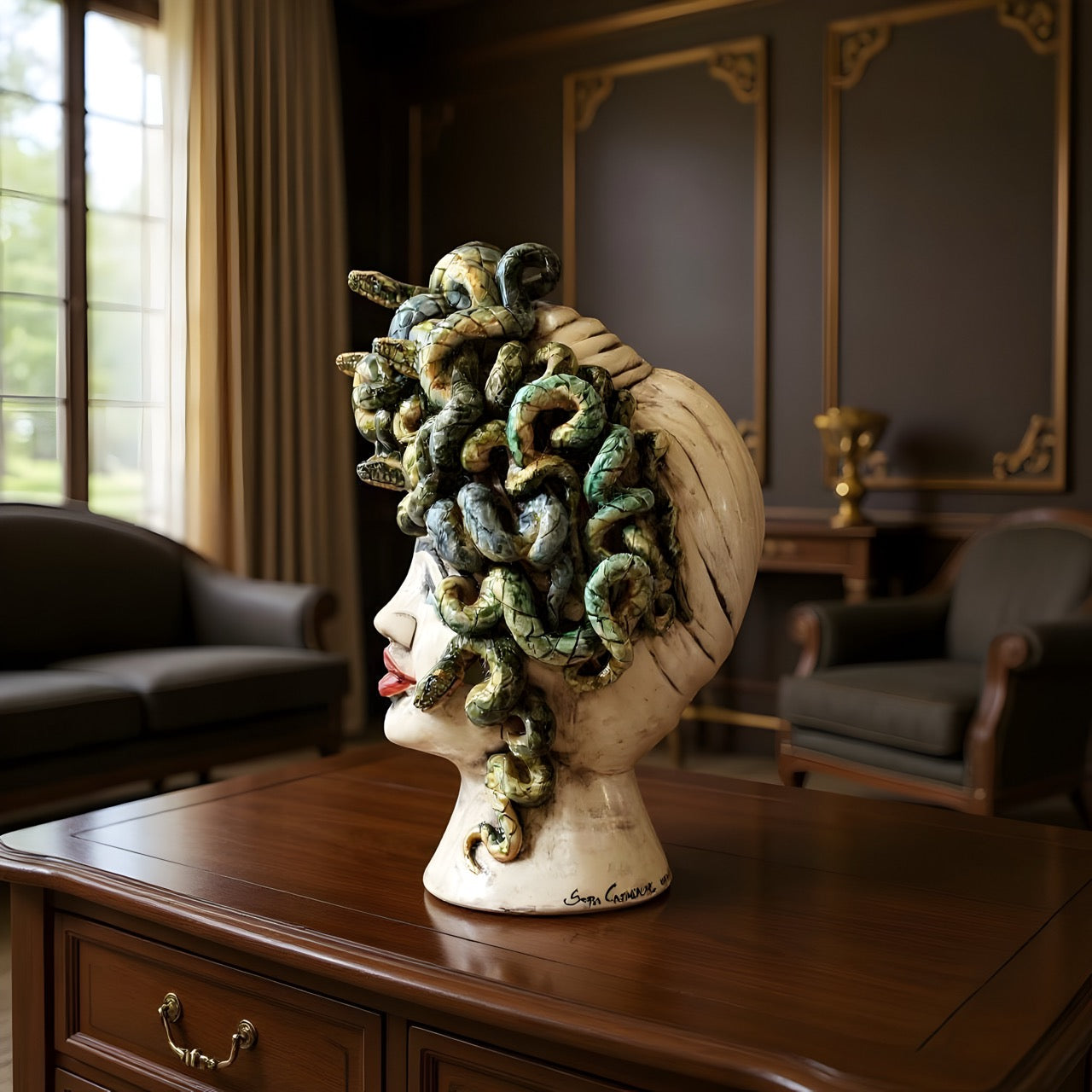 Testa Medusa sognia h 40 madreperla antichizzato labbra rosse femmina