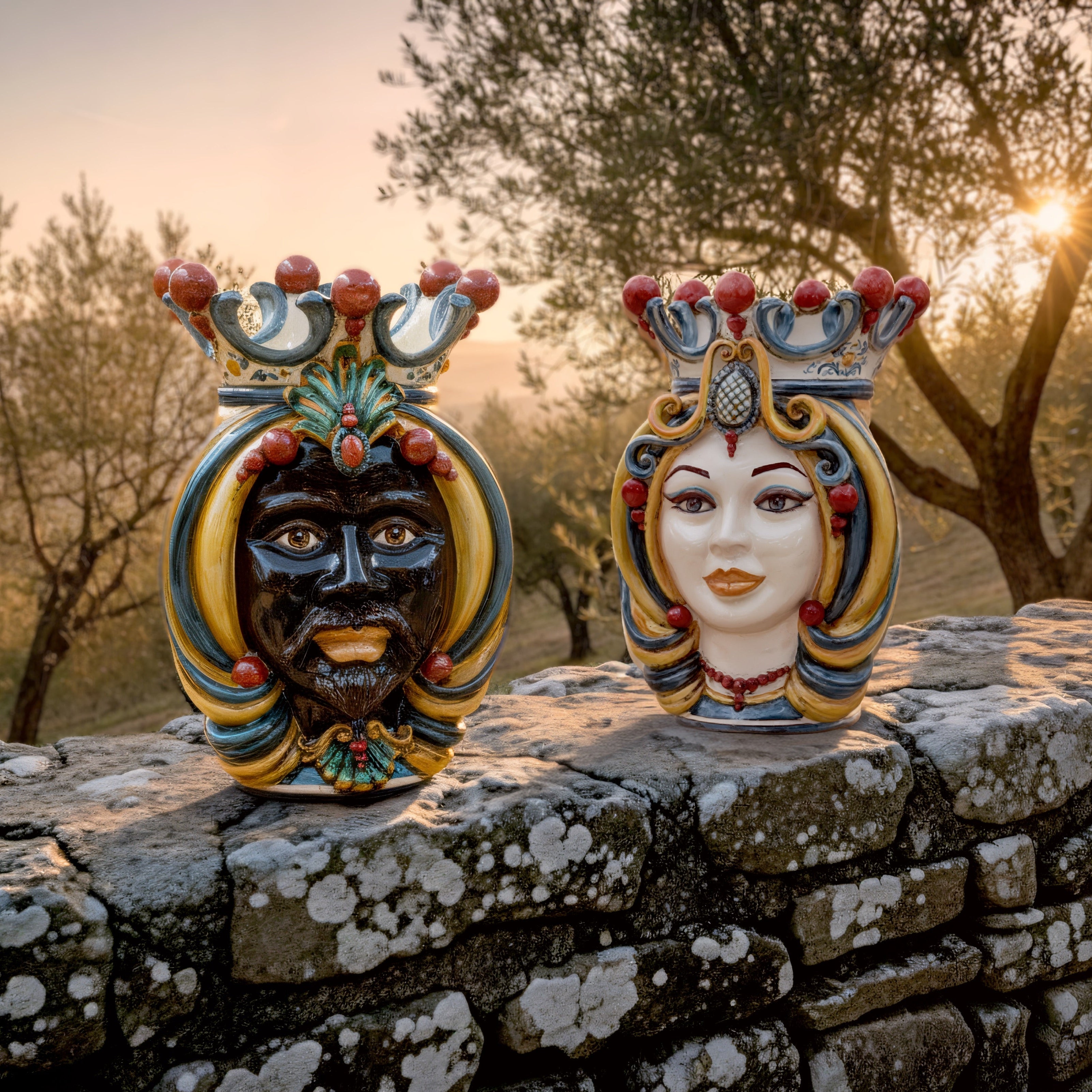 Ceramic Head of Sicily h 38 blu and orange female - Sofia Ceramiche artistic Ceramics