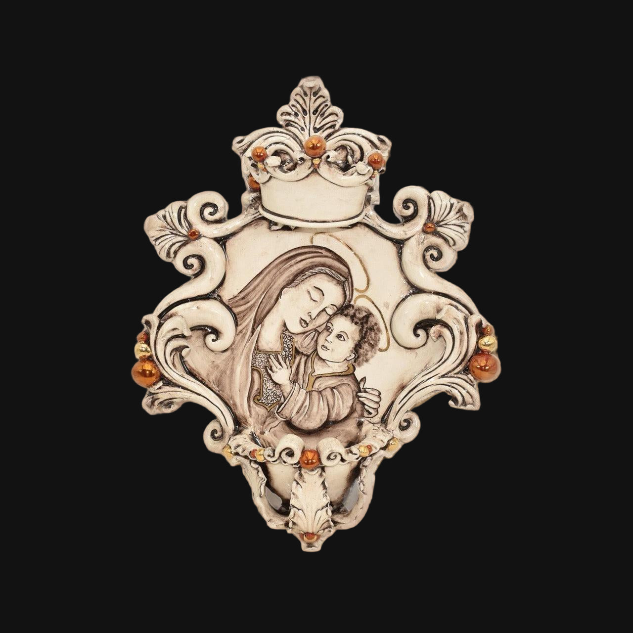 Acquasantiera grande appl 25×35 madonna maria con gesù madreperla antichizzato oro e lustri - Ceramiche di Caltagirone Sofia