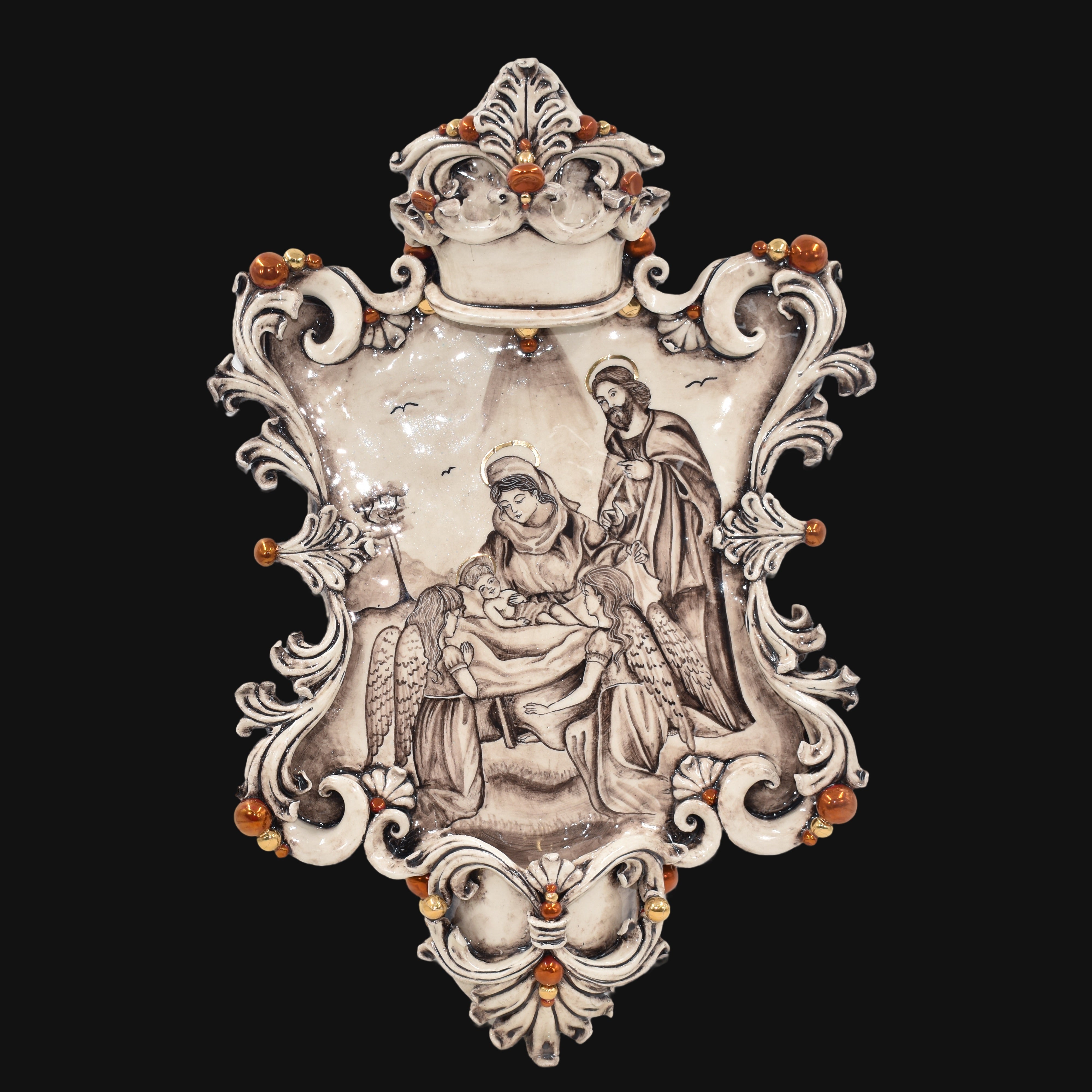 Acquasantiera maxi appl rettangolare 35×45 natività c/angeli madreperla antichizzato oro e lustri - Ceramiche di Caltagirone Sofia