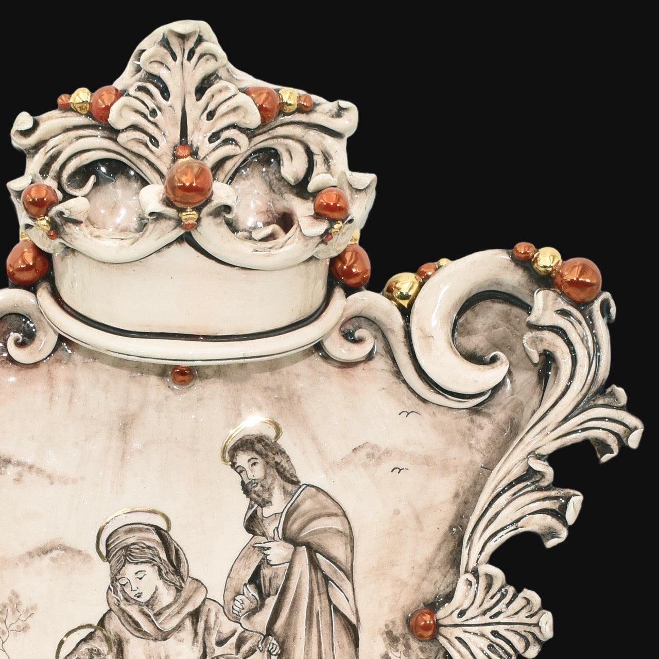 Acquasantiera maxi appl rettangolare 35×45 natività c/angeli madreperla antichizzato oro e lustri - Ceramiche di Caltagirone Sofia