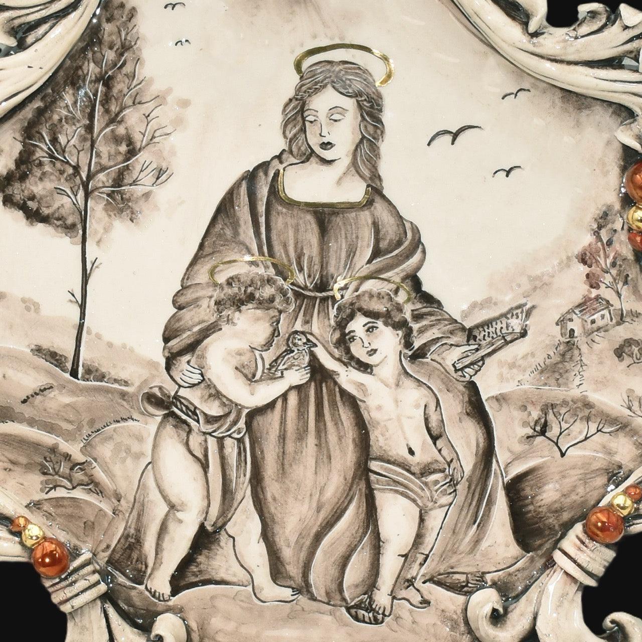 Acquasantiera maxi appl triangolare 35×45 madonna valderice madreperla antichizzato oro e lustri - Ceramiche di Caltagirone Sofia