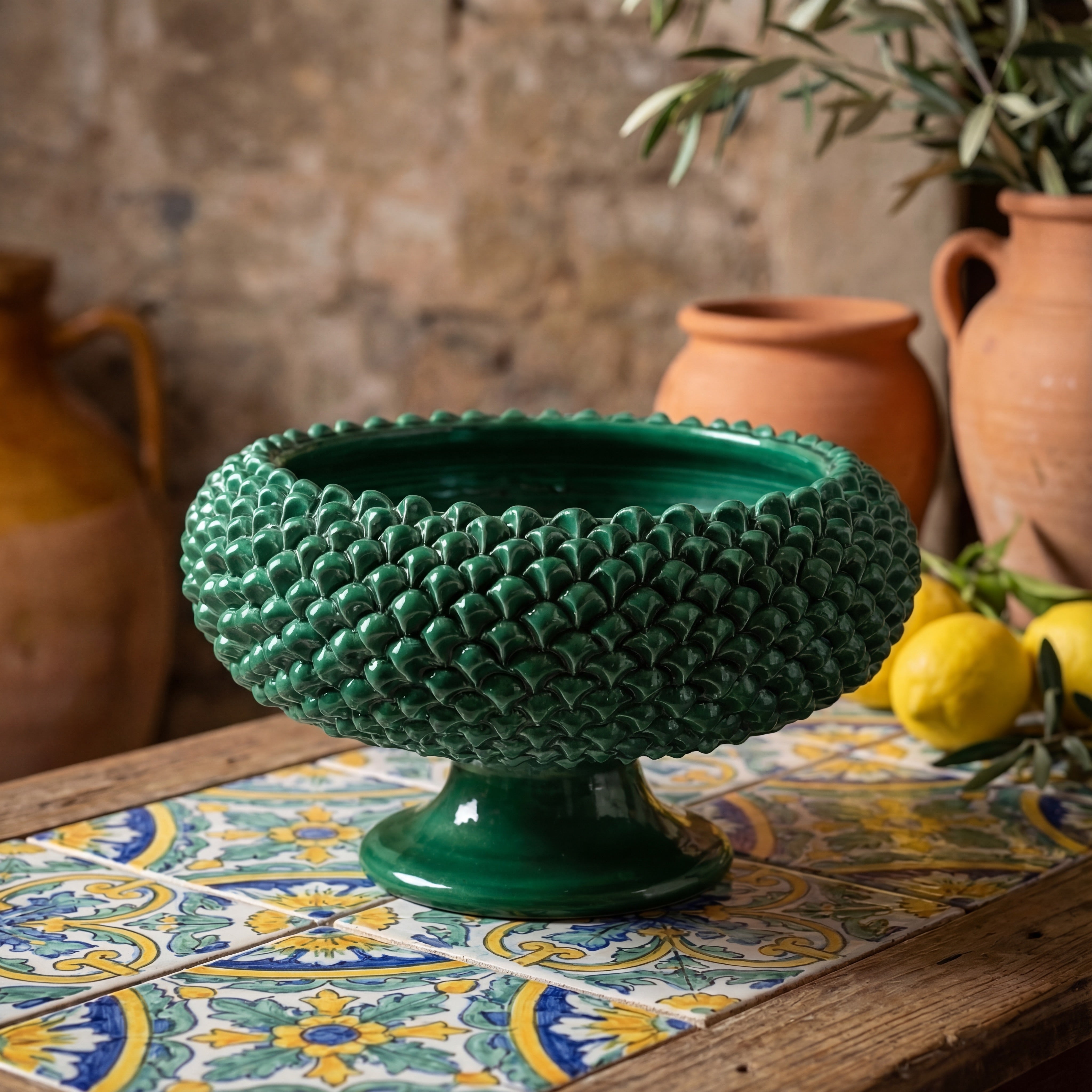 Alzata a Pigna diam. 25/33 cm Verde Smeraldo in ceramica di Caltagirone - Ceramiche di Caltagirone Sofia