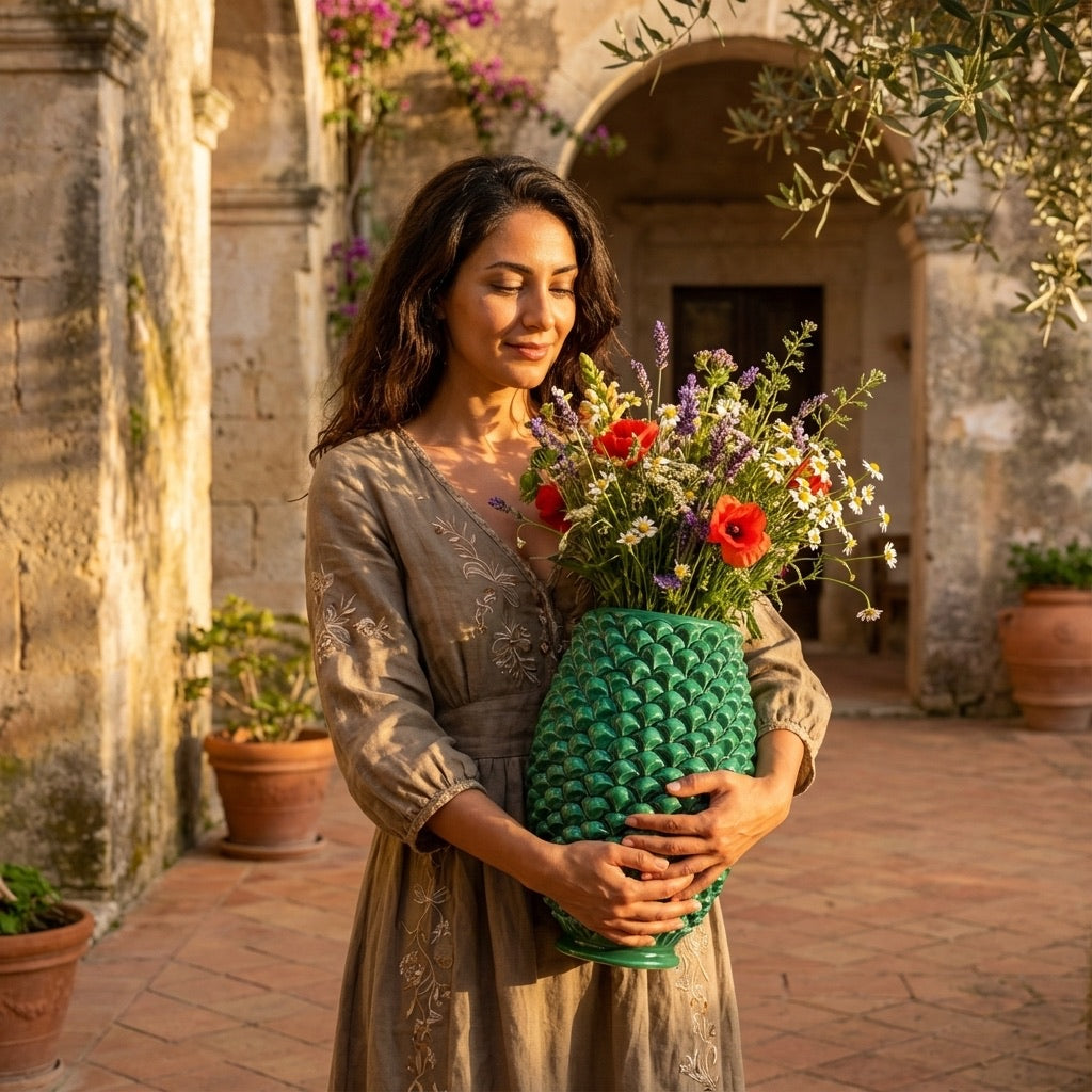 Vaso pigna di Caltagirone verde smeraldo modellata a mano
