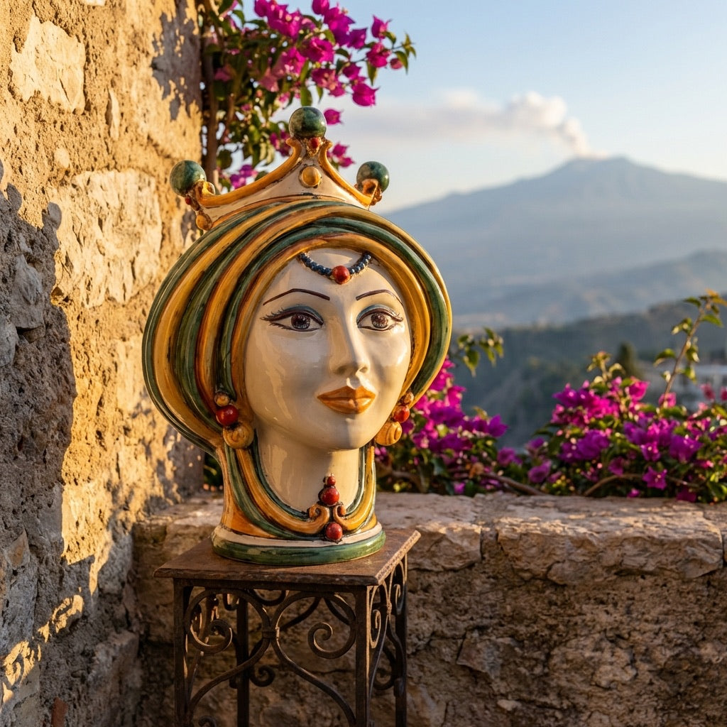 Moorish Head h 30 green and orange - Modern Moorish heads Sofia Ceramiche