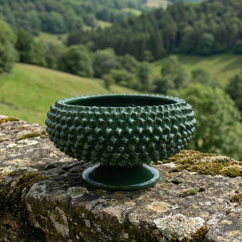 Sicilian Pine Cone Cake Stand Ø 25/33 cm / Ø 10-13", Antique Green – Caltagirone Ceramic – Sicilian Pine Cone Tradition