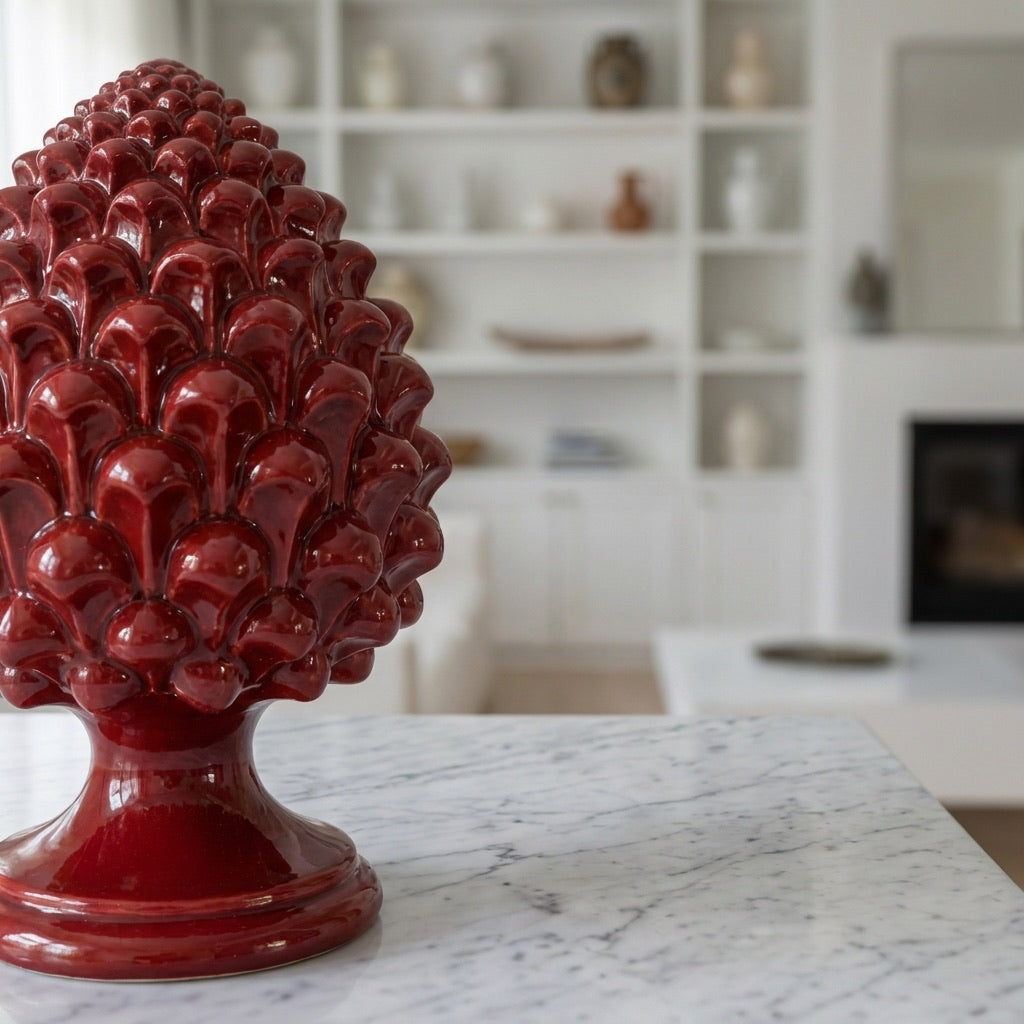 Caltagirone handmade pinecone modeled by hand height 25/40 in integral bordeaux