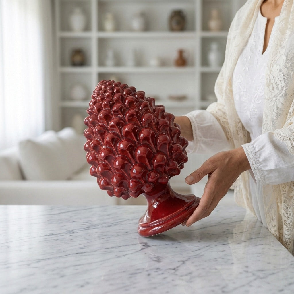 Caltagirone handmade pinecone modeled by hand height 25/40 in integral bordeaux