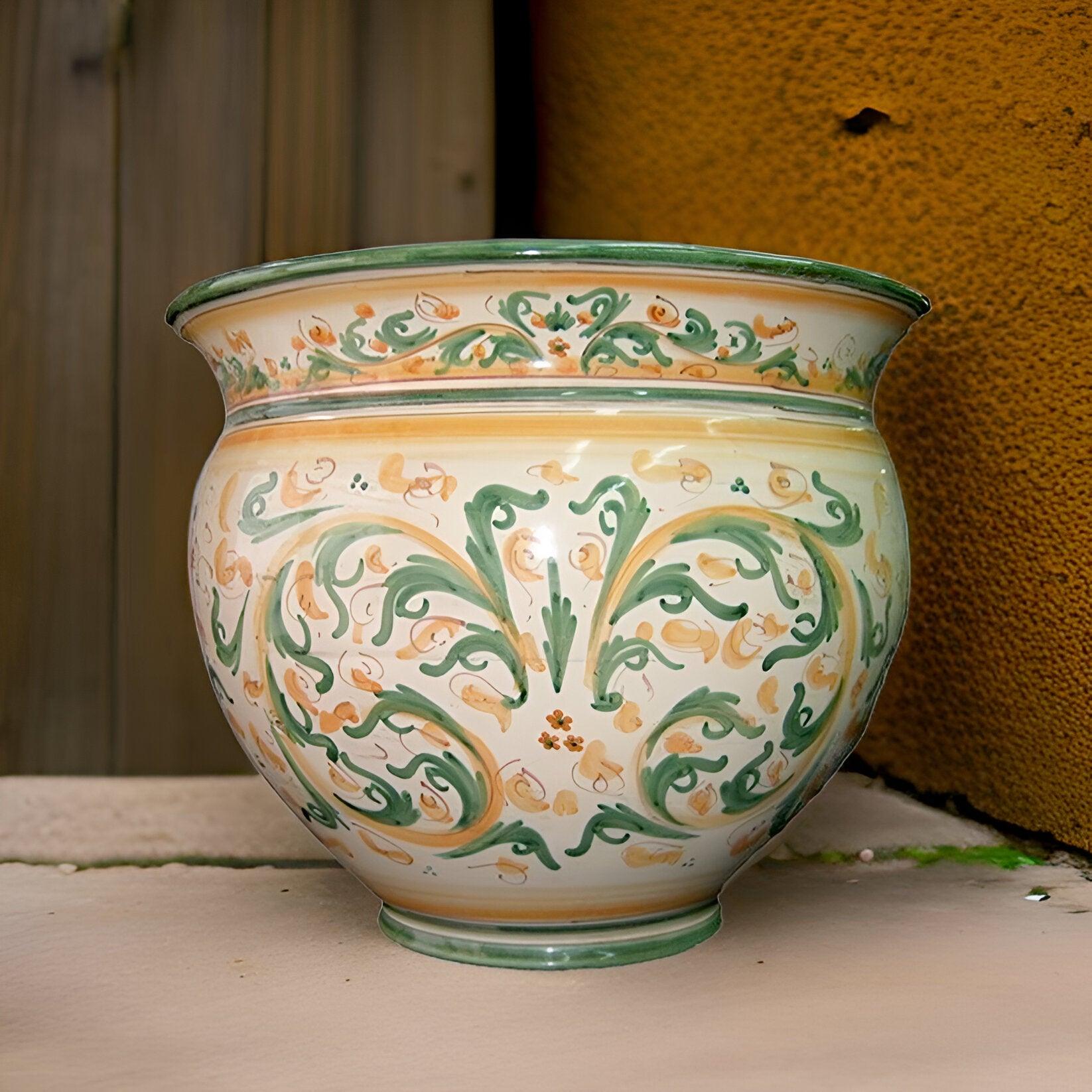 Cachepot in Ceramica Siciliana - Verde e Arancio, Diverse Dimensioni - Ceramiche di Caltagirone Sofia