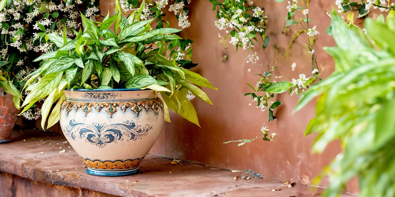 Un Cachepot in ceramica fatta a mano in linea classica blu e arancoo con all'interno una pianta verde, il cachepot è all'esterno in un giardino