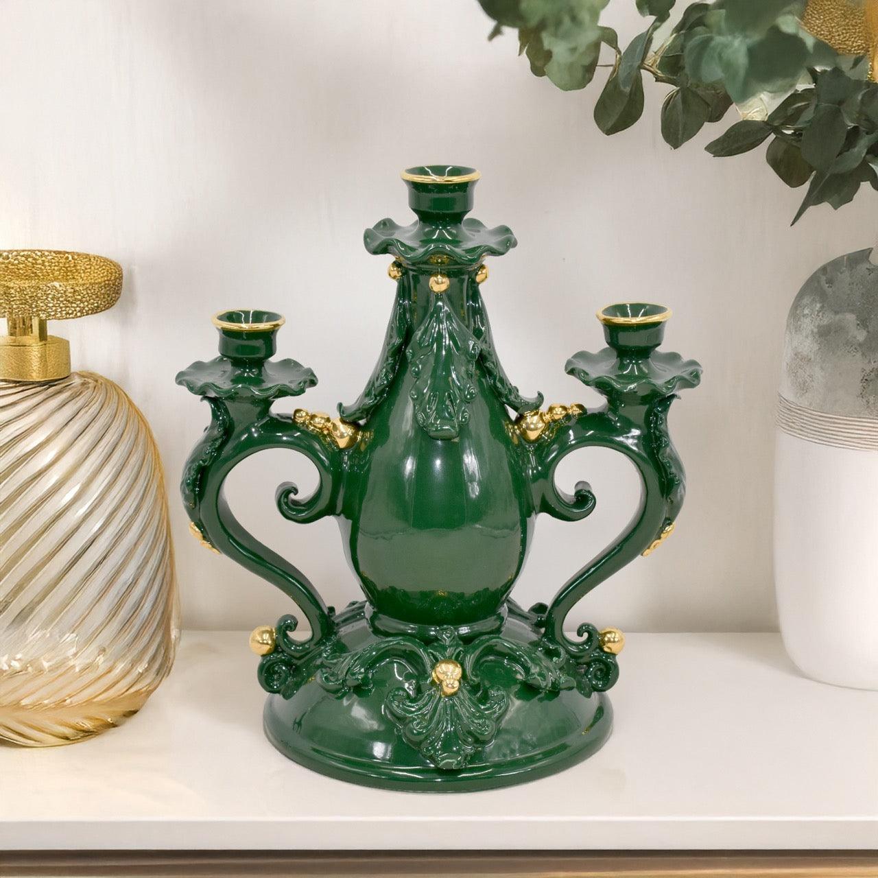 Candelabro in ceramica 3 fuochi h 28 plastico sofia verde e oro - Ceramiche di Caltagirone Sofia