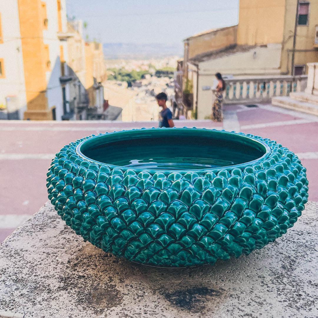 Centrotavola a Pigna diam. 25/33 cm Verde Smeraldo in ceramica di Caltagirone - Ceramiche di Caltagirone Sofia