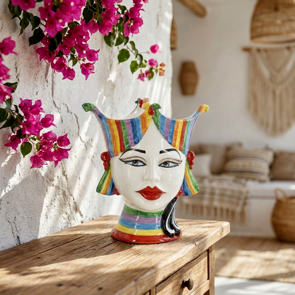 Testa di Moro "Aisha" 25 cm White and Color - Viso di Donna in Ceramica Siciliana