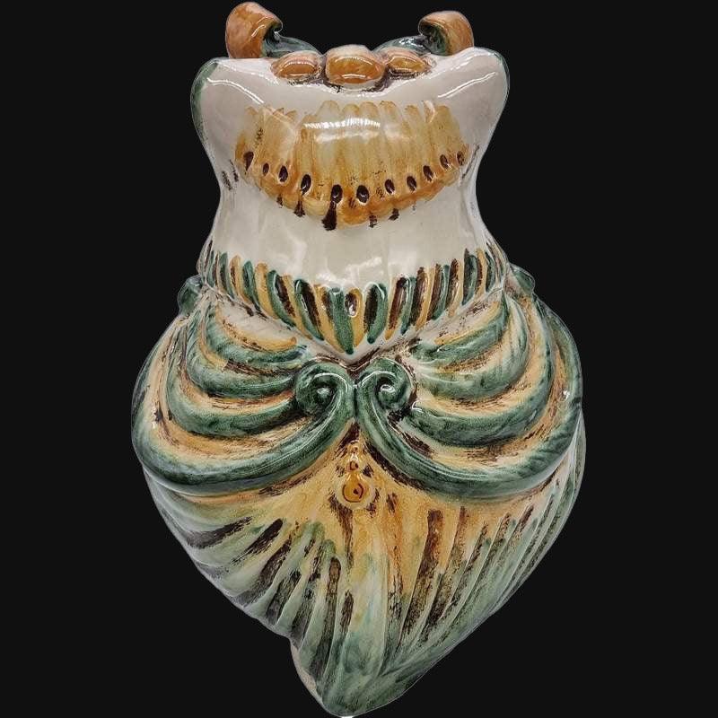 Gufo in ceramica di Caltagirone verde e arancio, ceramiche caltagirone fatti a mano