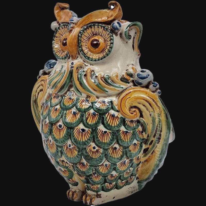 Gufo in ceramica verde arancio, ceramiche Caltagirone fatti a mano, artigianato Sofia
