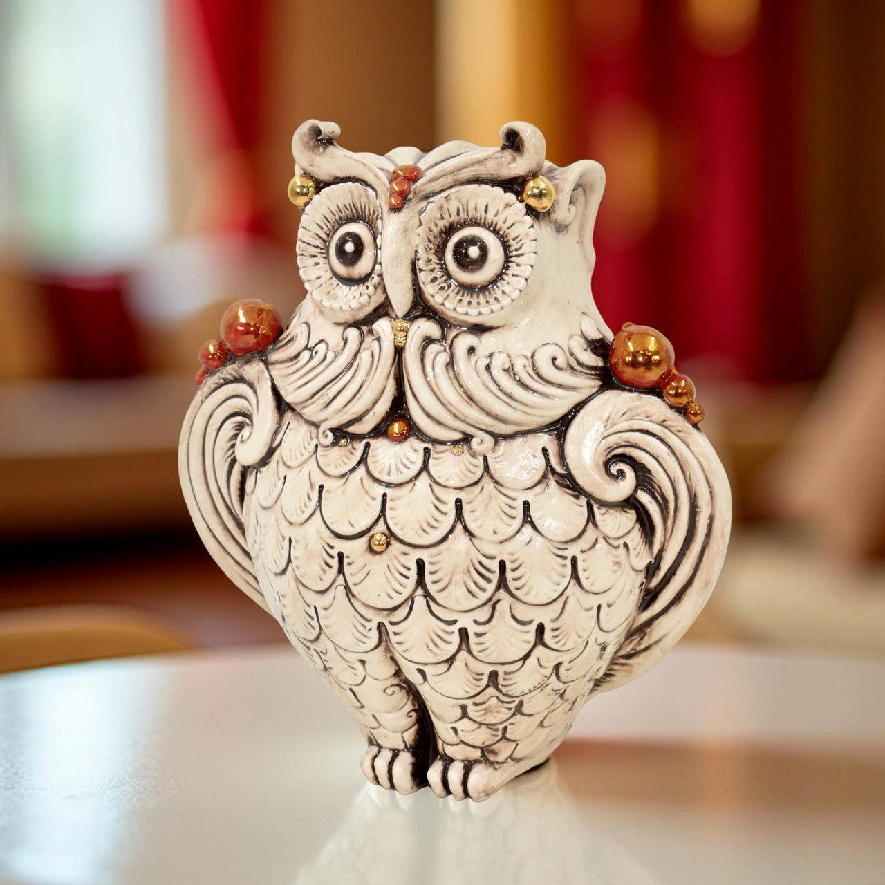 Gufo in ceramica h 30 madreperla antichizzato oro e lustri - Ceramiche di Caltagirone Sofia