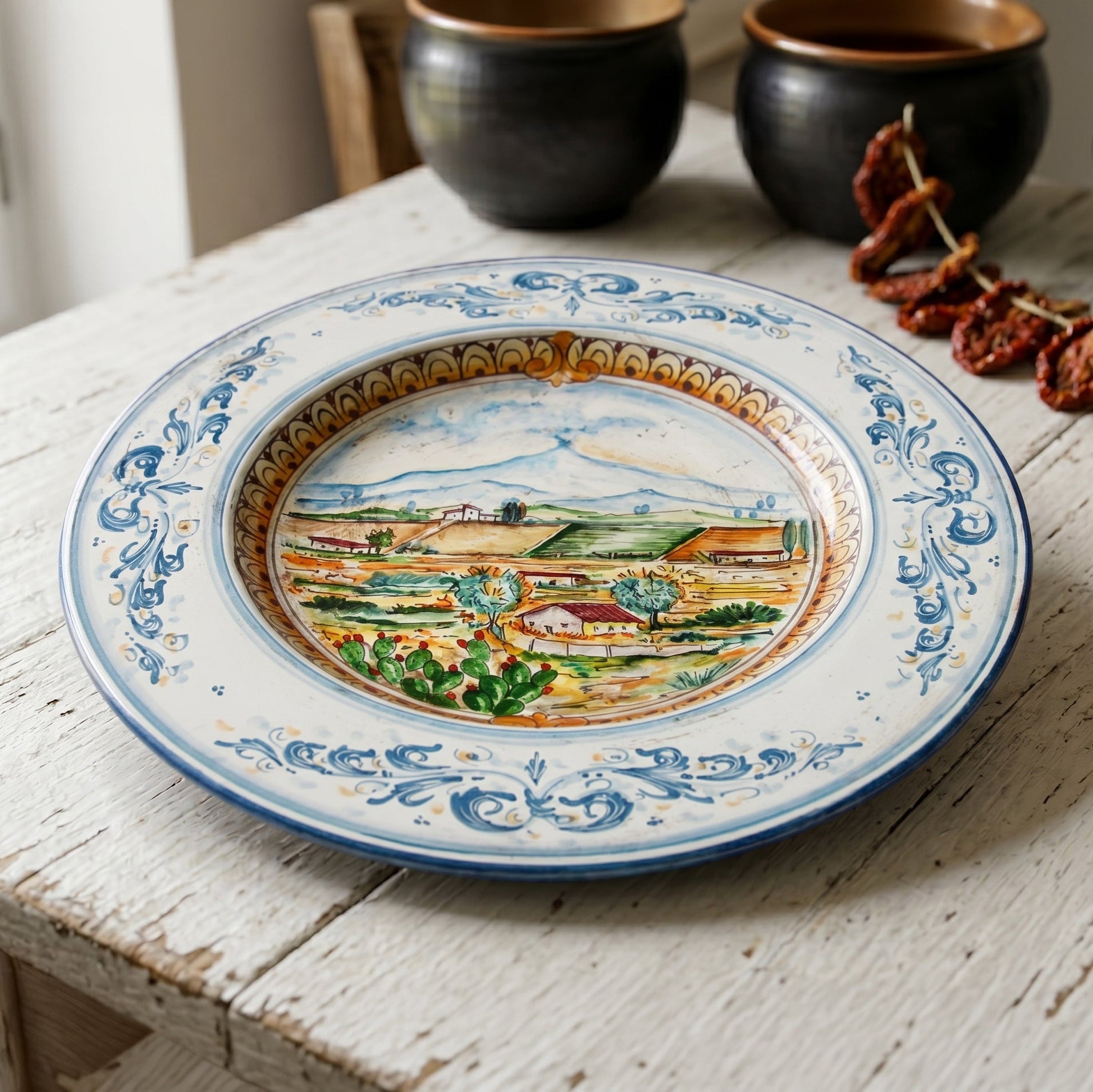 Assiette Decorative en Ceramique Italienne - Con Paesaggio Etna, Serie d'arte in Bleu et Orange | Ceramique italienne de Caltagirone, Sicile