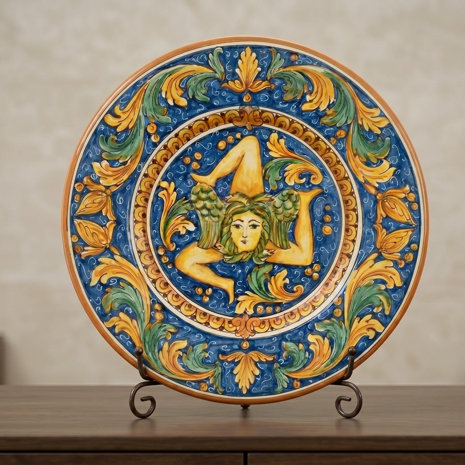 Caltagirone Ceramic Trinacria Plate — Ornato Calatino