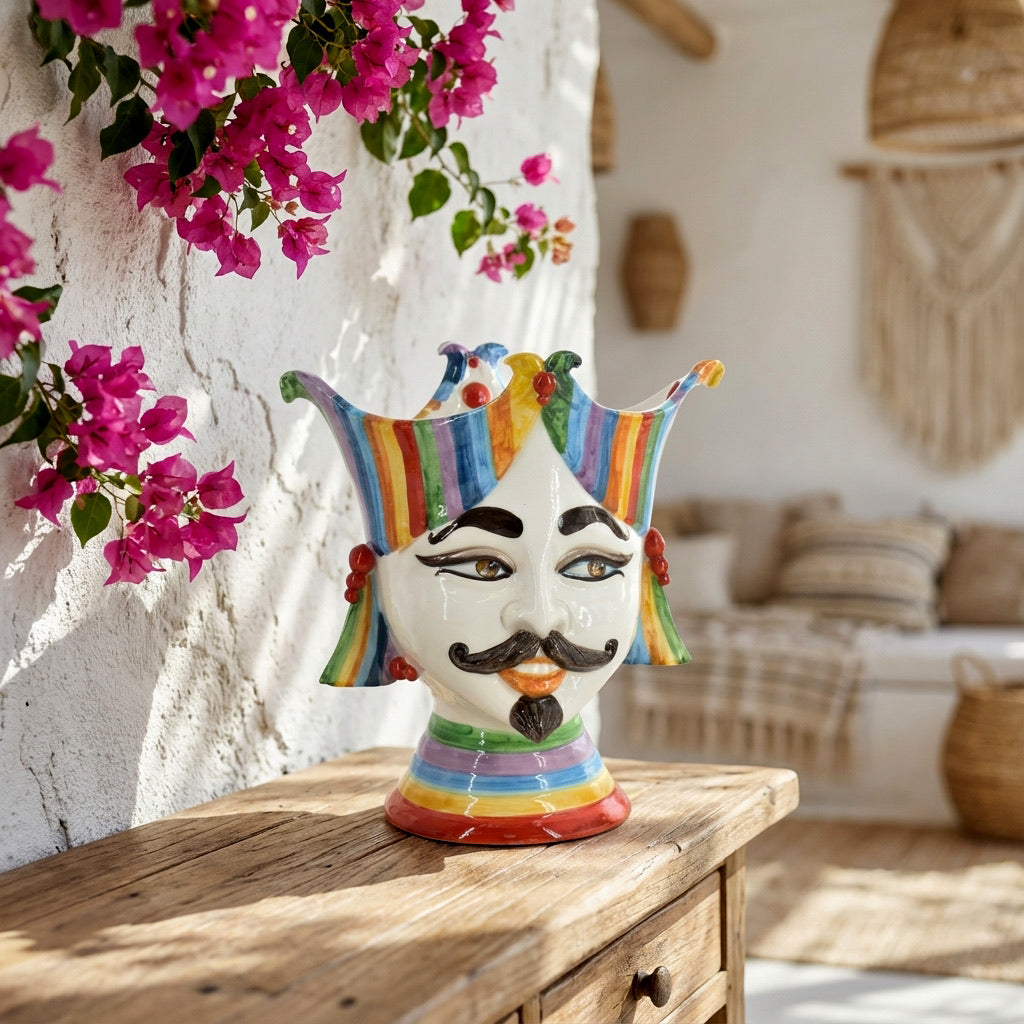 Testa di Moro "Aisha" 25 cm White and Color - Viso Uomo in Ceramica Siciliana - Ceramiche di Caltagirone Sofia