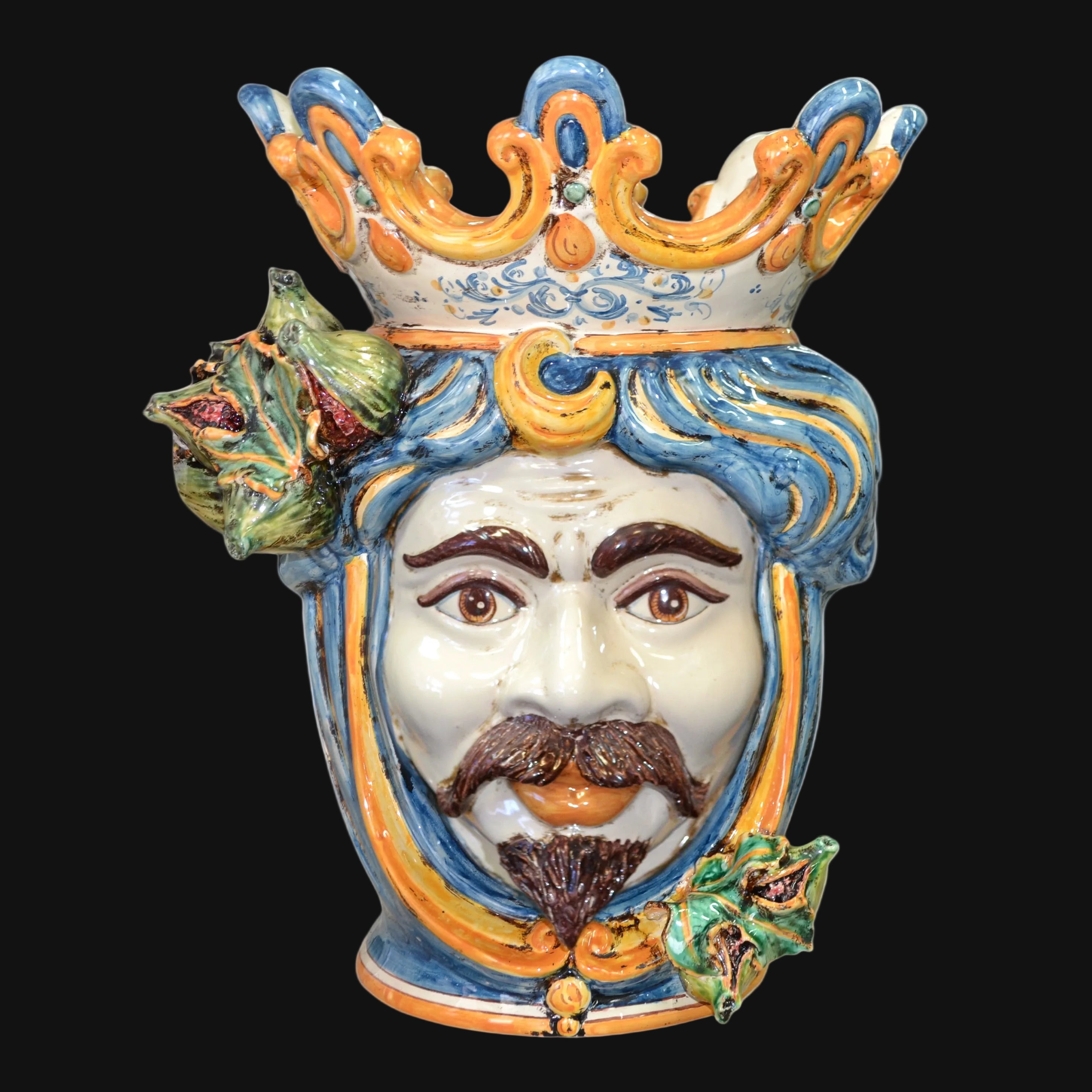 Sicilian Head Vase with Figs H 40 cm / 15.7", White Man, Blue and Orange – Testa di Moro from Caltagirone, Sicily