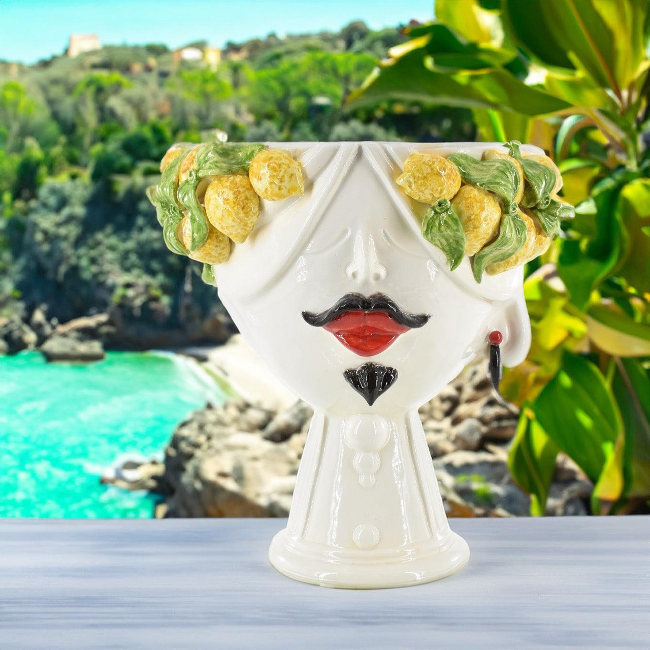 Testa di Moro con limoni "Zahira" uomo | White and Lemon 30 cm - Ceramiche di Caltagirone Sofia